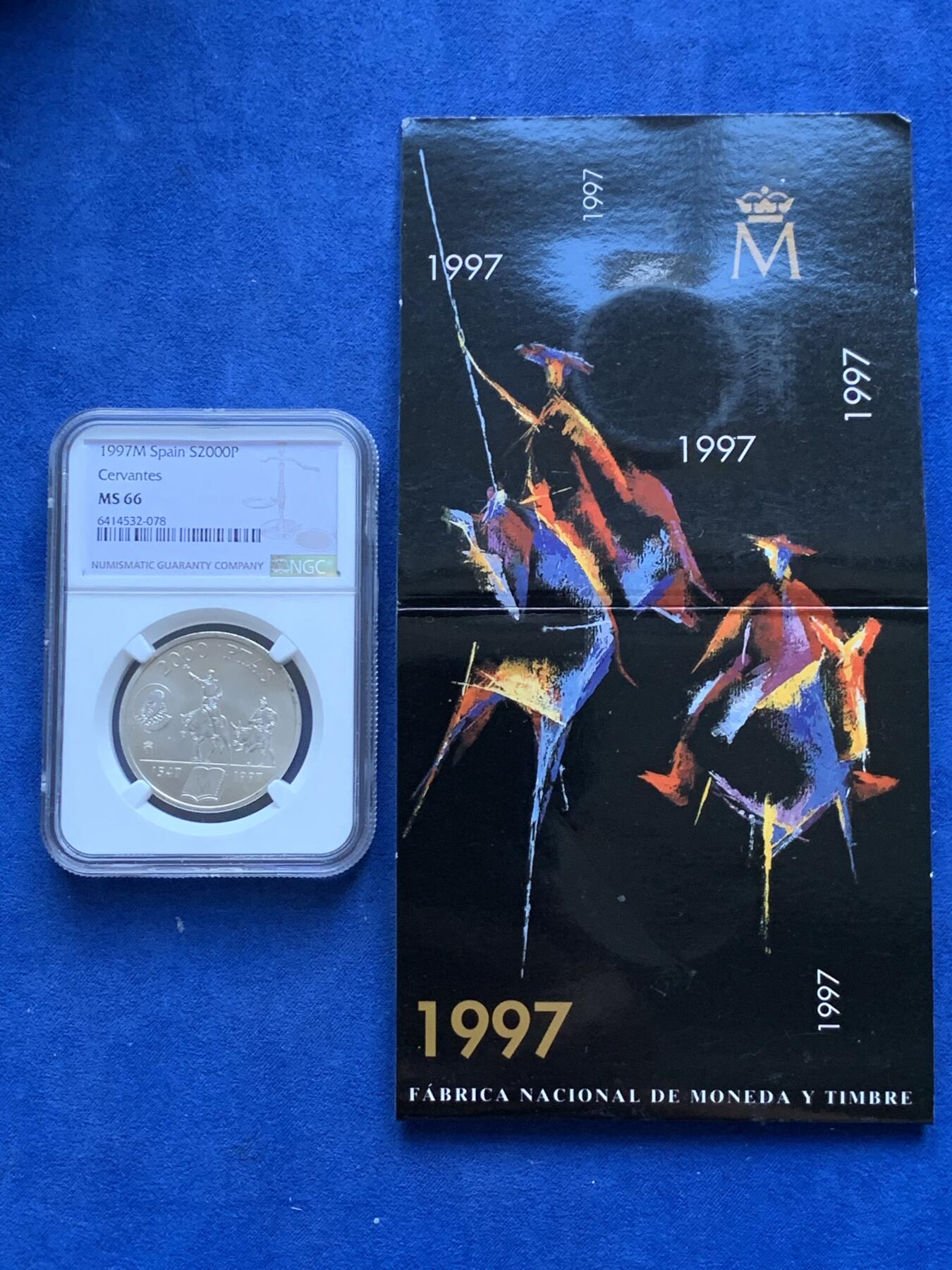 《竞宝斋》第294场- 周日，周一  2场连拍 （全场包邮） NGC MS66 1997年 西班牙 2000比塞塔 塞万提斯 银0.925 18克 获得更高评分的数目: 1枚 带卡