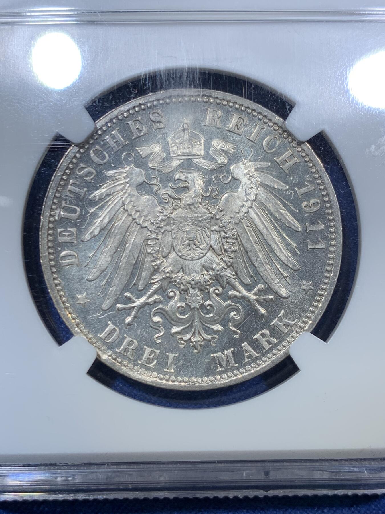 《竞宝斋》第294场- 周日，周一  2场连拍 （全场包邮） NGC MS64 德国巴伐利亚1911年利奥波德3马克银币