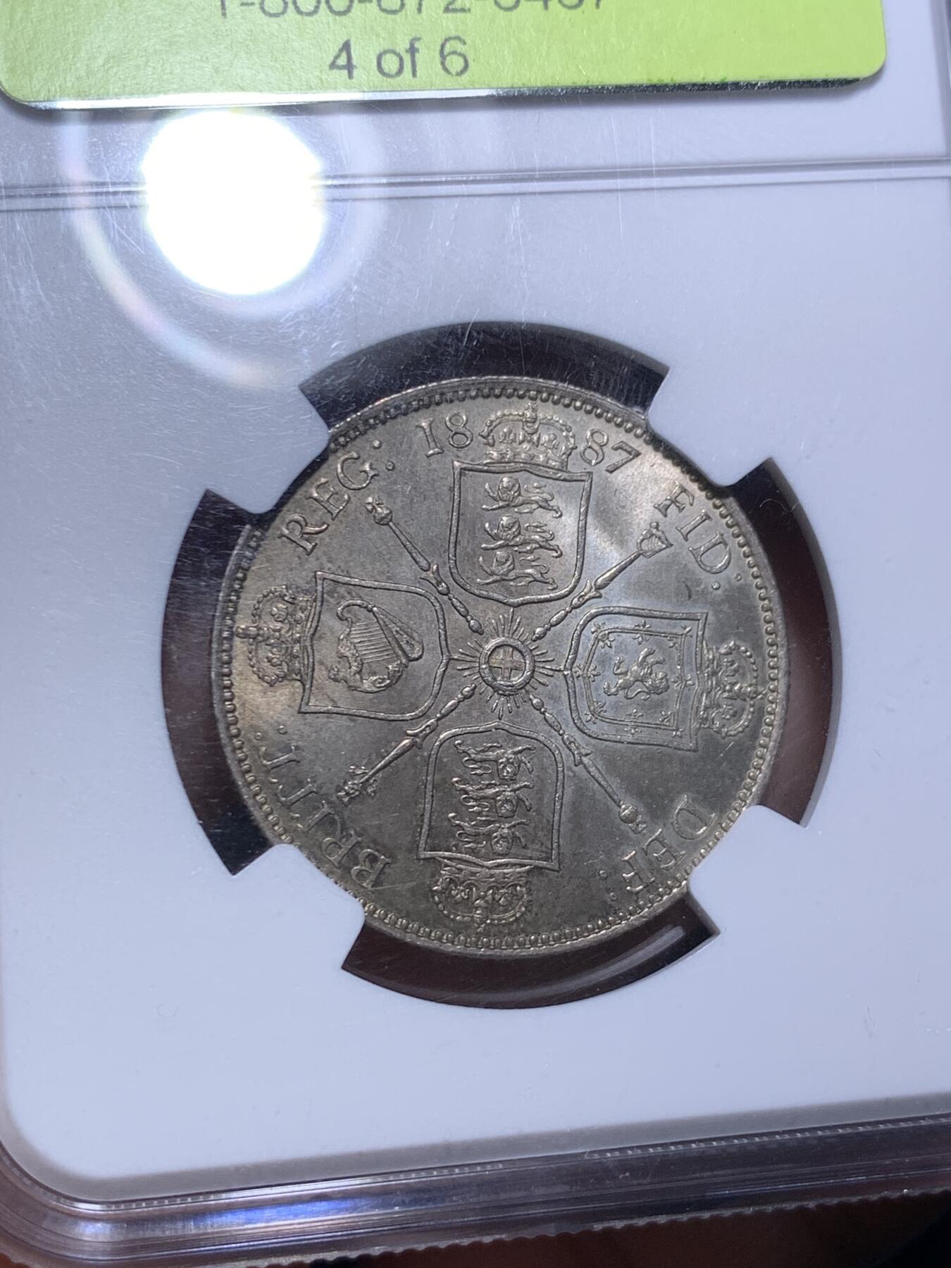 《竞宝斋》第294场- 周日，周一  2场连拍 （全场包邮） NGC MS65 英国 1887年维多利亚高冠2先令/1弗罗洛林银币