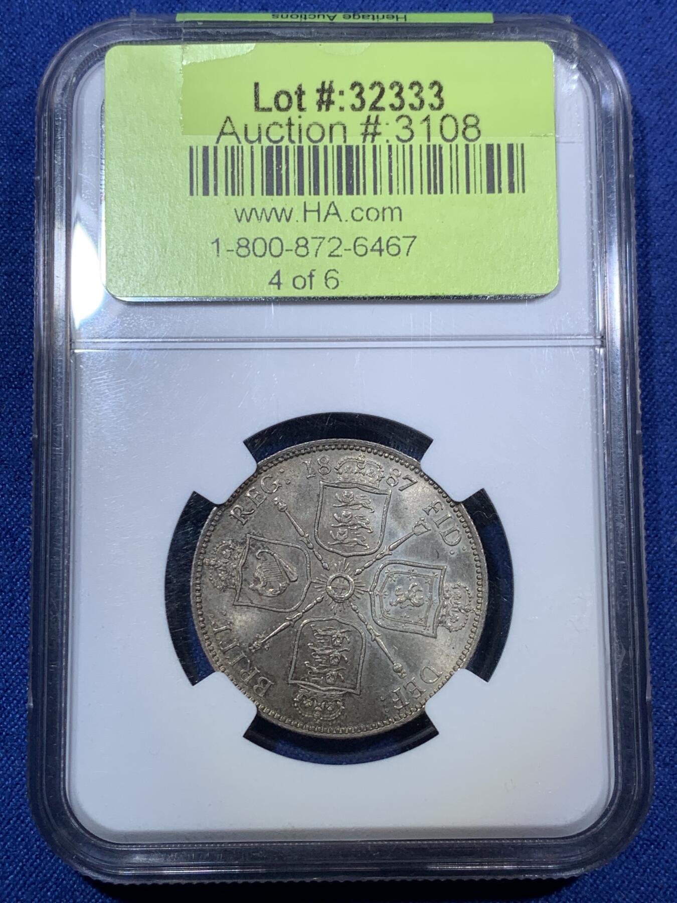 《竞宝斋》第294场- 周日，周一  2场连拍 （全场包邮） NGC MS65 英国 1887年维多利亚高冠2先令/1弗罗洛林银币