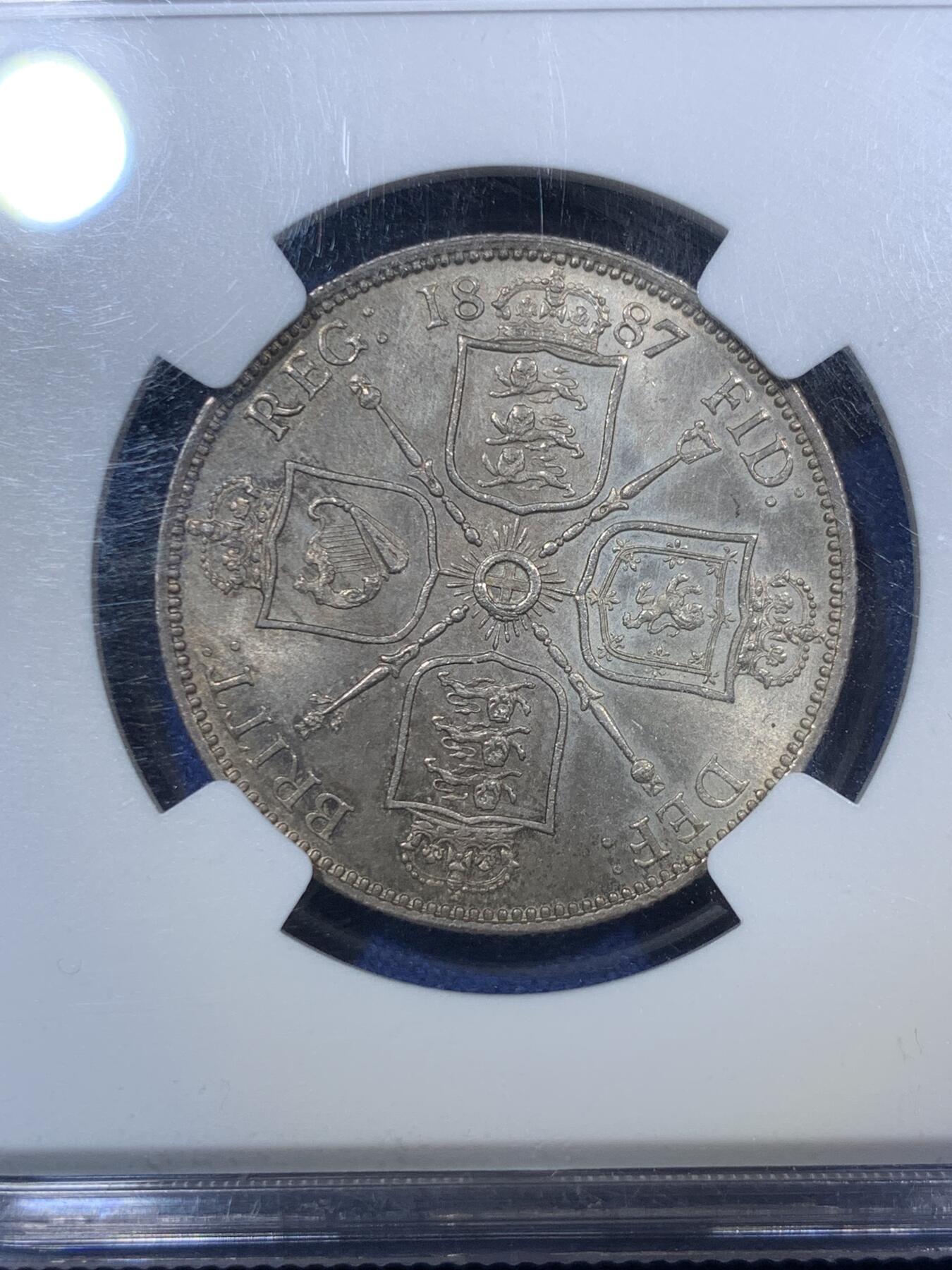 《竞宝斋》第294场- 周日，周一  2场连拍 （全场包邮） NGC MS65 英国 1887年维多利亚高冠2先令/1弗罗洛林银币