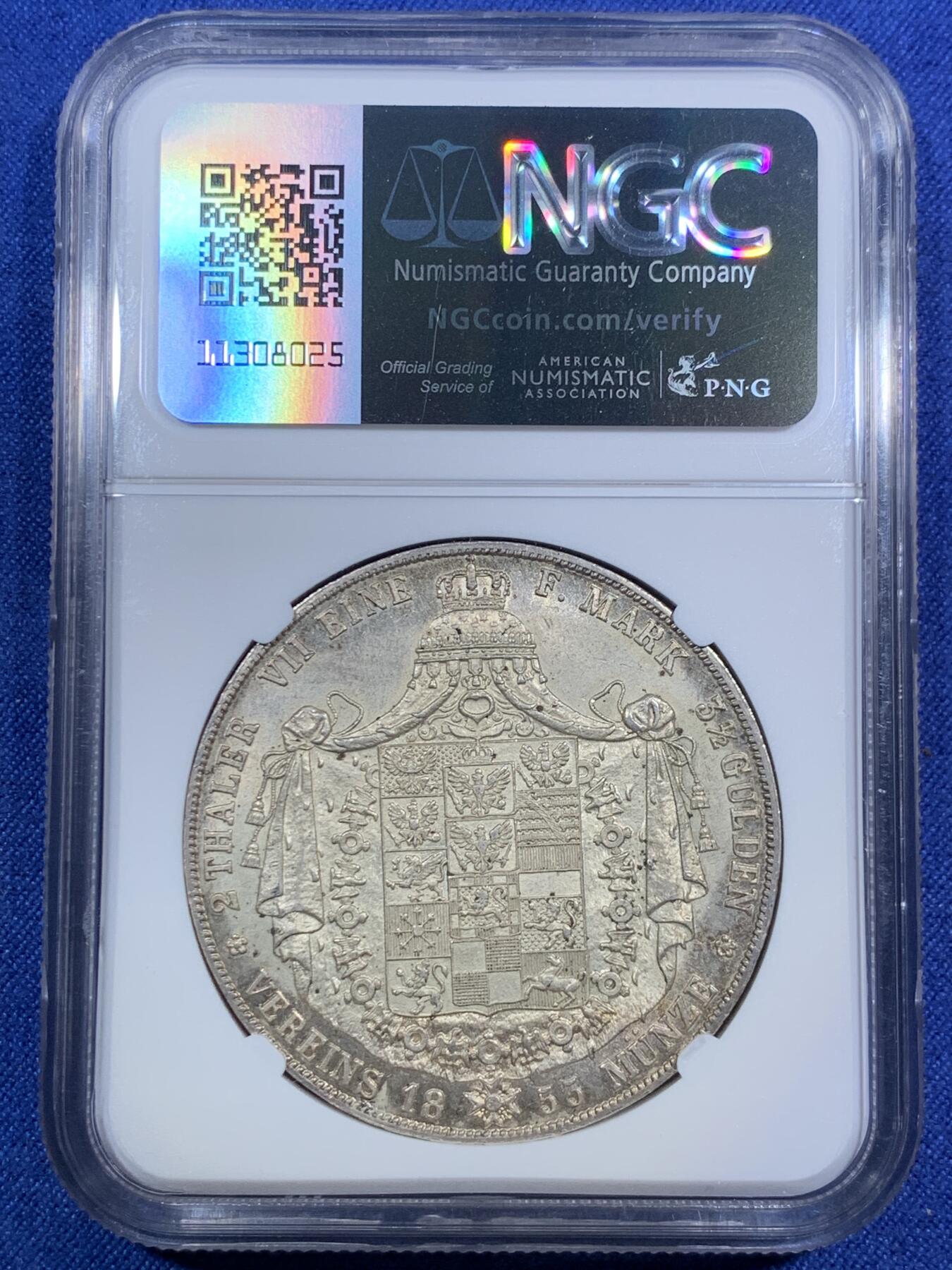 《竞宝斋》第294场- 周日，周一  2场连拍 （全场包邮） NGC MS63 德国1855年 普鲁士经典洋葱头2泰勒 37克大银币 绚丽十字光 缺点是低评！