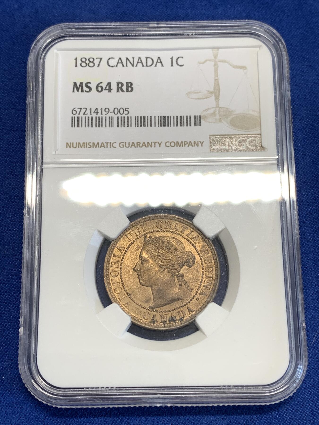 《竞宝斋》第294场- 周日，周一  2场连拍 （全场包邮） NGC MS64RB 加拿大1887年1分铜币 少见品种，近rd状态的铜光，经典年份，维多利亚时代日不落的象征