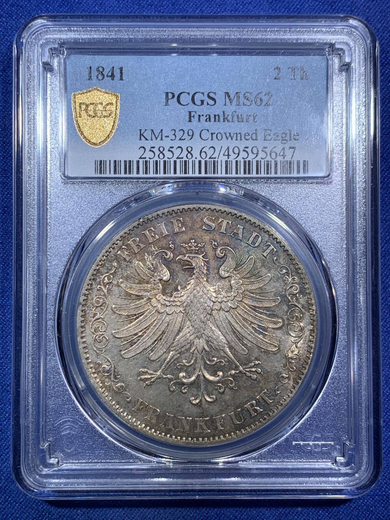 《竞宝斋》第294场- 周日，周一  2场连拍 （全场包邮） PCGS MS62 德国1841法兰克福 老鹰 2泰勒大银币