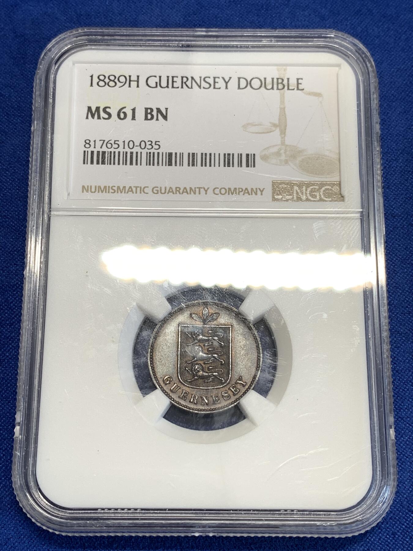 《竞宝斋》第294场- 周日，周一  2场连拍 （全场包邮） NGC MS61BN 英属根西岛1889年1道布铜币