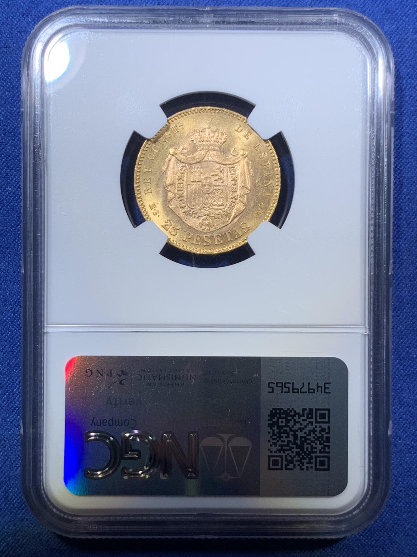 《竞宝斋》第294场- 周日，周一  2场连拍 （全场包邮） NGC MS63 西班牙1880年阿方索十二世25比塞塔金币 8.06克