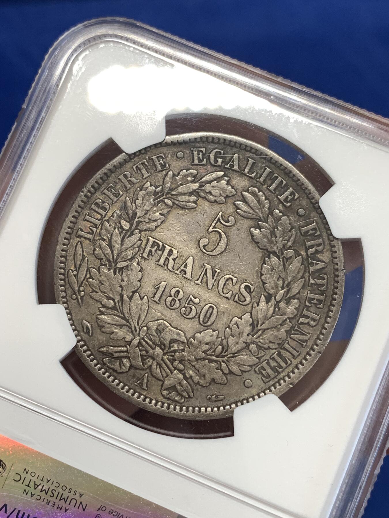 《竞宝斋》第294场- 周日，周一  2场连拍 （全场包邮） NGC XF 法国1850年谷物女神5法郎银币 原味包浆