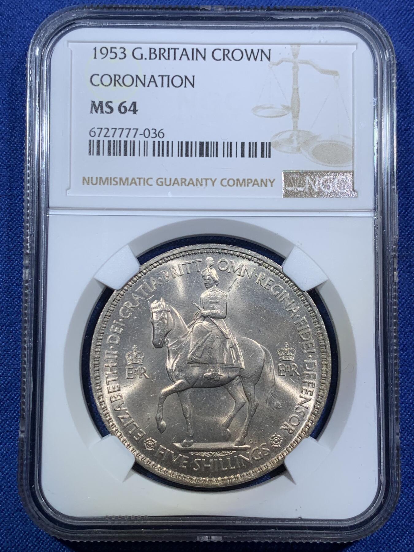 《竞宝斋》第294场- 周日，周一  2场连拍 （全场包邮） NGC MS64 英国1953年伊丽莎白二世女王登基纪念克朗 经典品种