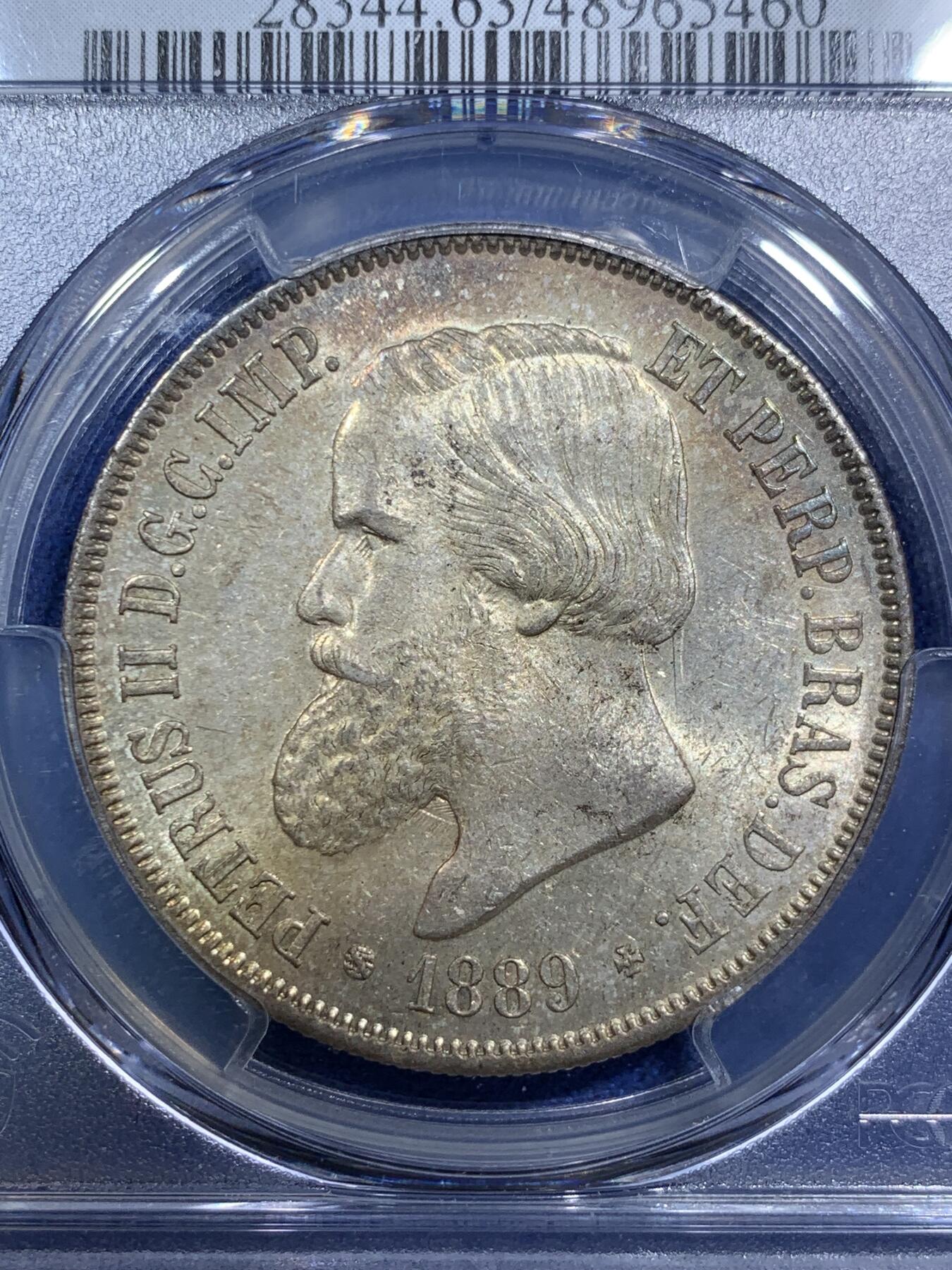 《竞宝斋》第294场- 周日，周一  2场连拍 （全场包邮） PCGS MS63 巴西帝国1889年佩德罗二世2000R大银币