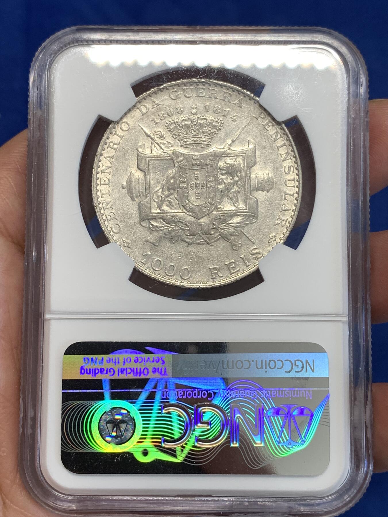 《竞宝斋》第294场- 周日，周一  2场连拍 （全场包邮） NGC AU53 葡萄牙 1910年 半岛百年战争纪念 1000R大银币 非常稀少的品种