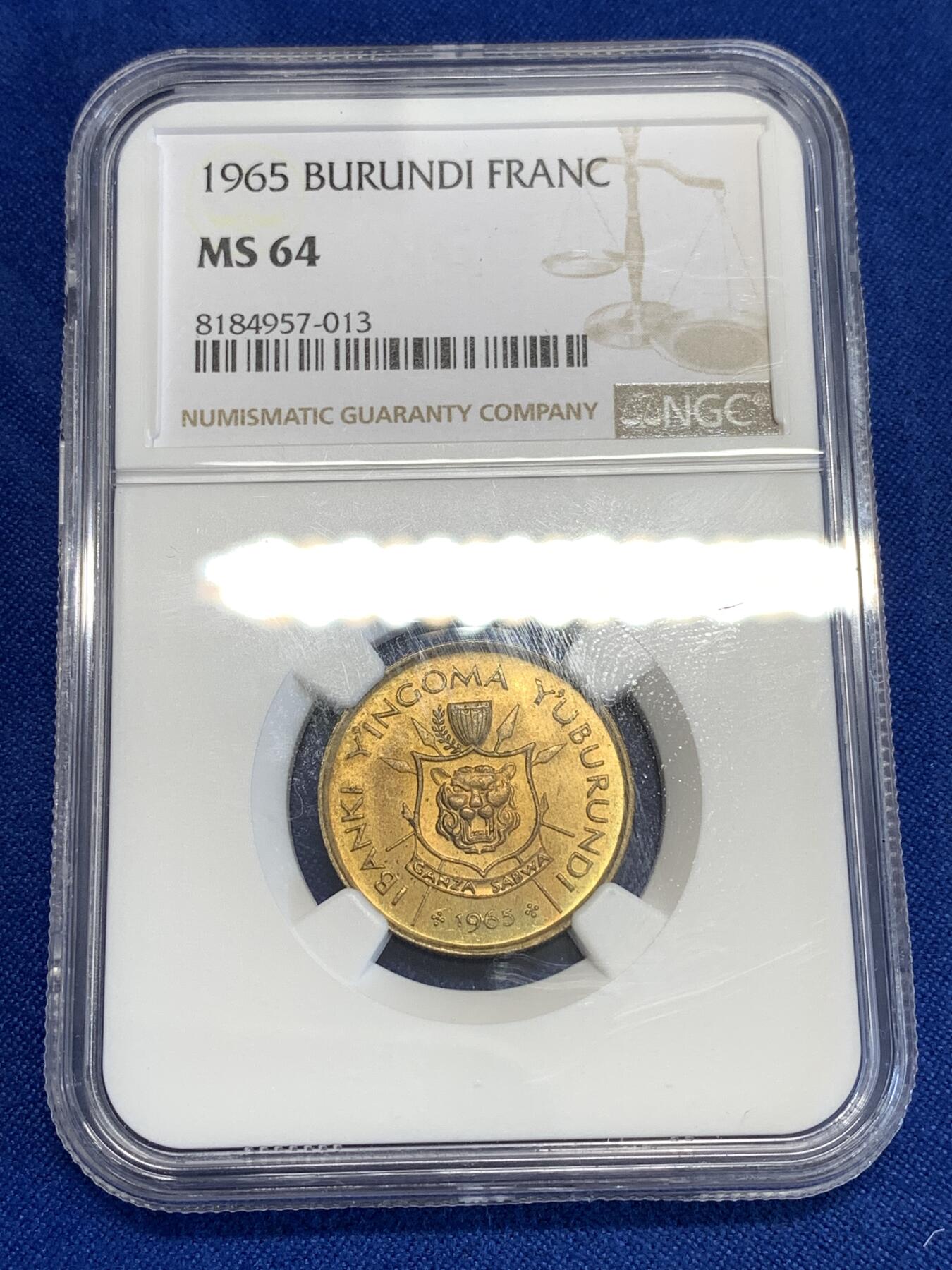 《竞宝斋》第294场- 周日，周一  2场连拍 （全场包邮） NGC MS64 1965 布隆迪1法郎 铜光充沛带淡彩 这个品种高分很难 64绝对可藏品相 非洲大热