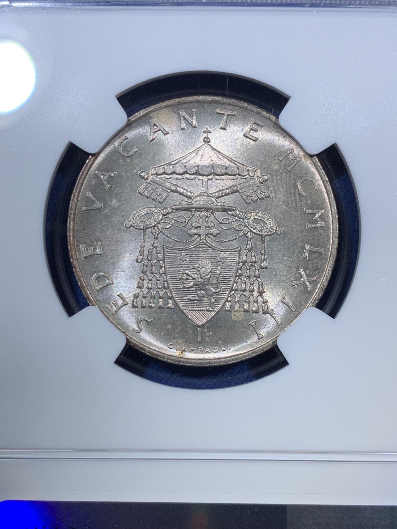 《竞宝斋》第294场- 周日，周一  2场连拍 （全场包邮） NGC MS64 梵蒂冈1963年缺位500里拉银币