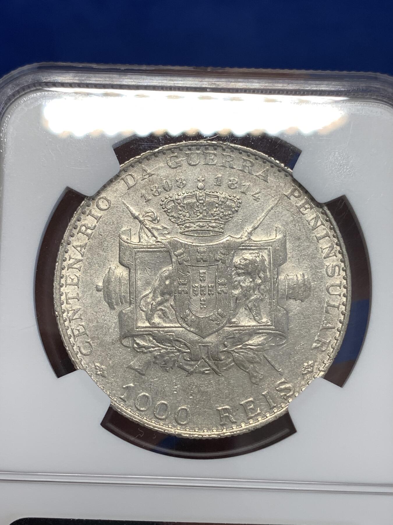 《竞宝斋》第294场- 周日，周一  2场连拍 （全场包邮） NGC AU53 葡萄牙 1910年 半岛百年战争纪念 1000R大银币 非常稀少的品种