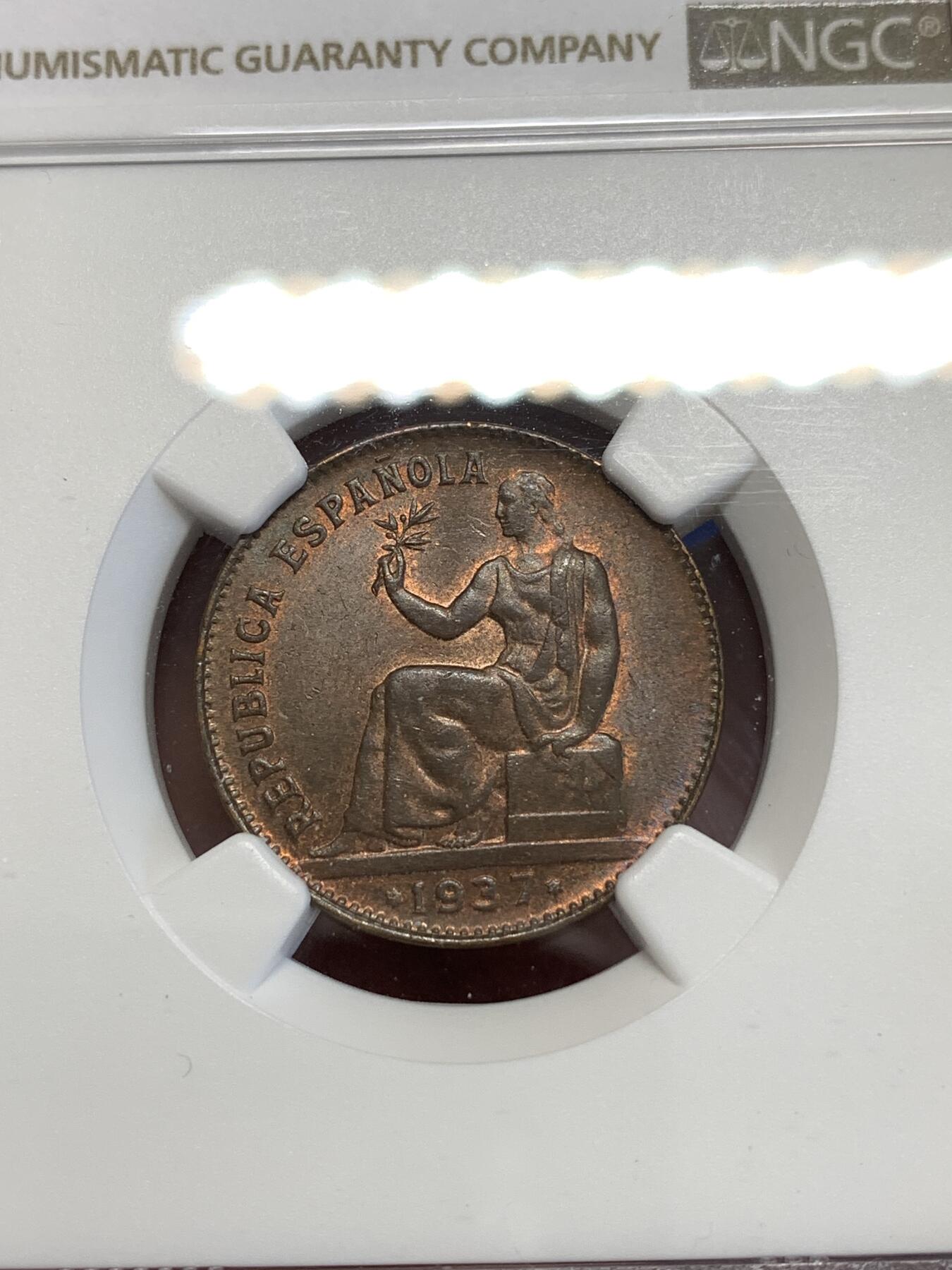 《竞宝斋》第294场- 周日，周一  2场连拍 （全场包邮） NGC MS64BN 西班牙1937（36）内战50分 坐人女神铜币