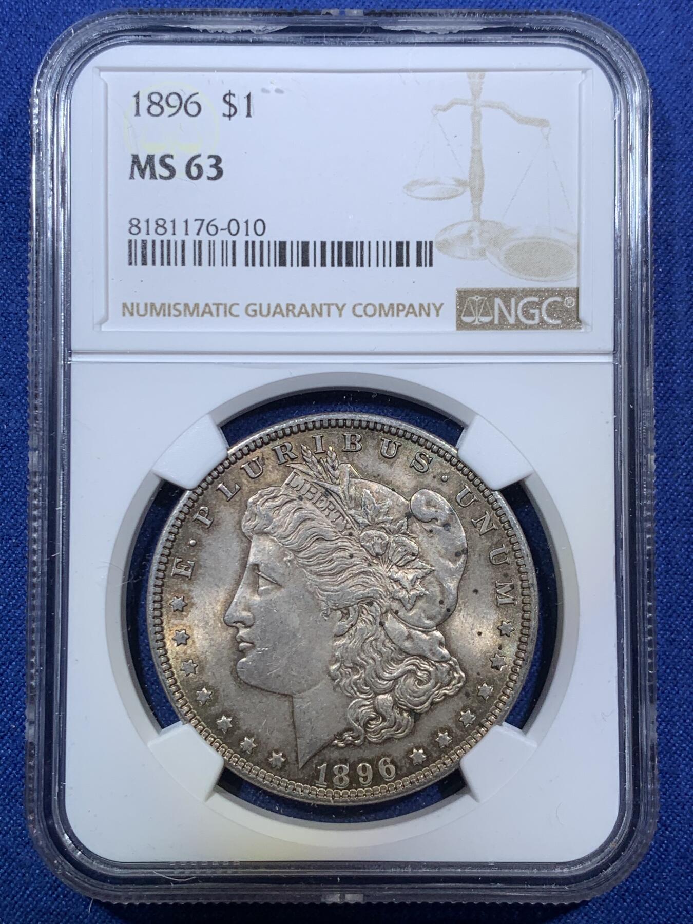 《竞宝斋》第294场- 周日，周一  2场连拍 （全场包邮） NGC MS63 美国1896年p版摩根银币 双面均衡包浆