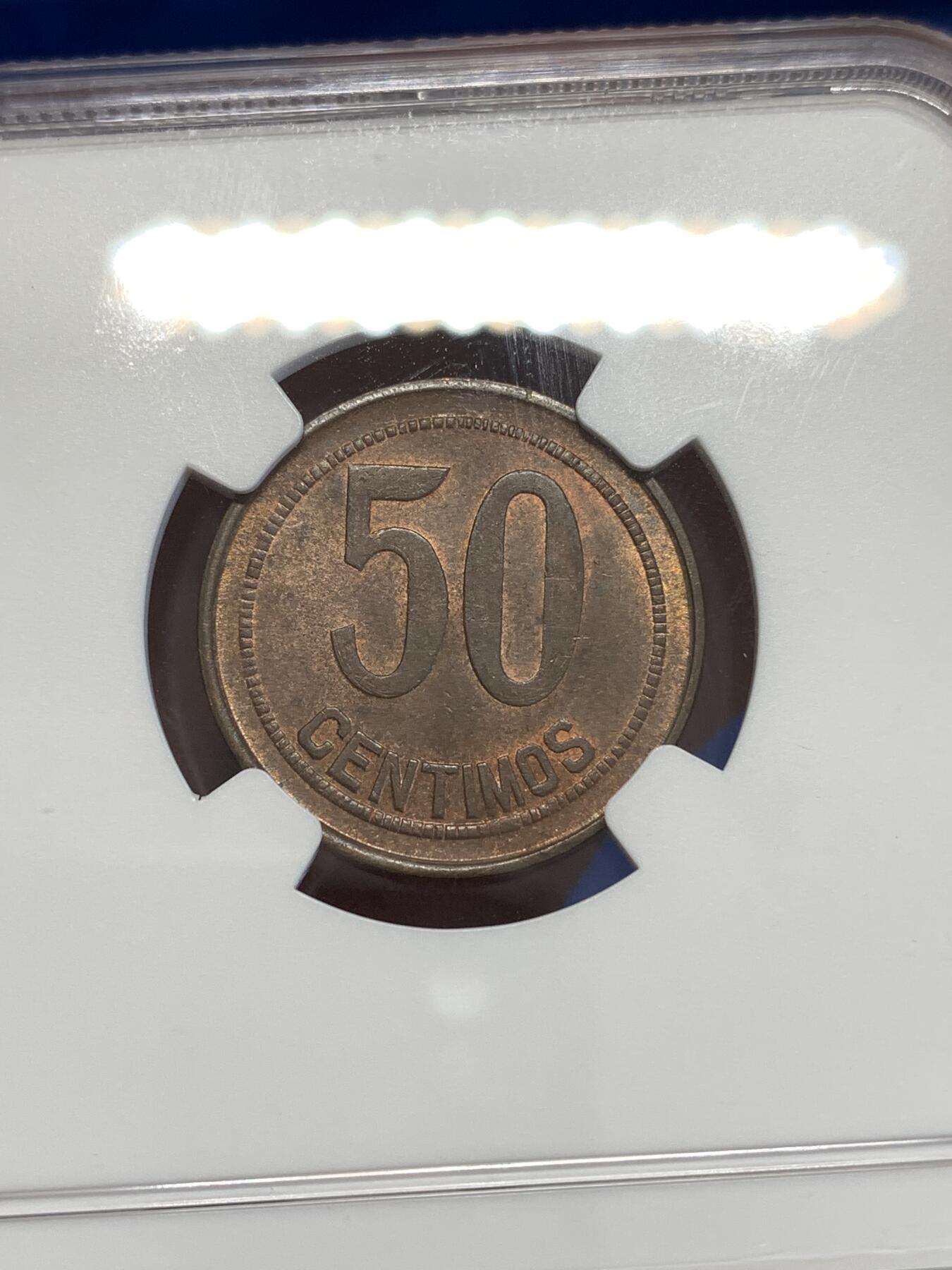 《竞宝斋》第294场- 周日，周一  2场连拍 （全场包邮） NGC MS64BN 西班牙1937（36）内战50分 坐人女神铜币