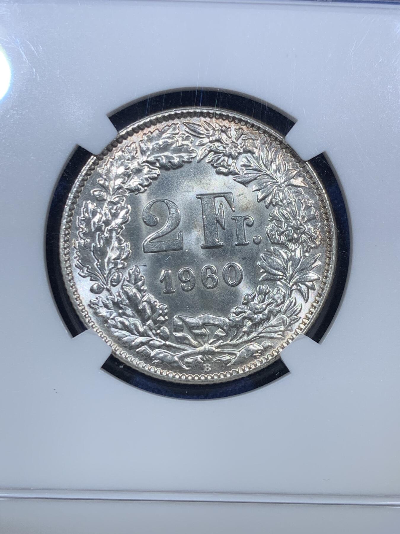 《竞宝斋》第294场- 周日，周一  2场连拍 （全场包邮） NGC MS64 瑞士1960年2法郎银币 转光很强