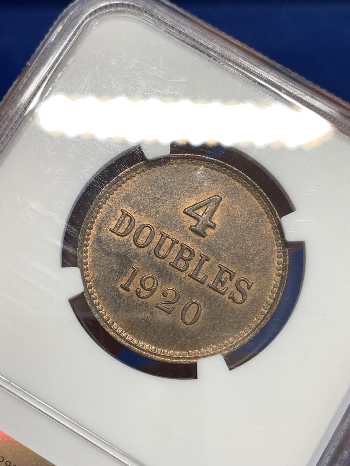 《竞宝斋》第294场- 周日，周一  2场连拍 （全场包邮） NGC MS63BN 1920H 格恩西/根西 4道布大铜币 国徽面细节极为清晰 两面转光 百年老币 好品极为不易