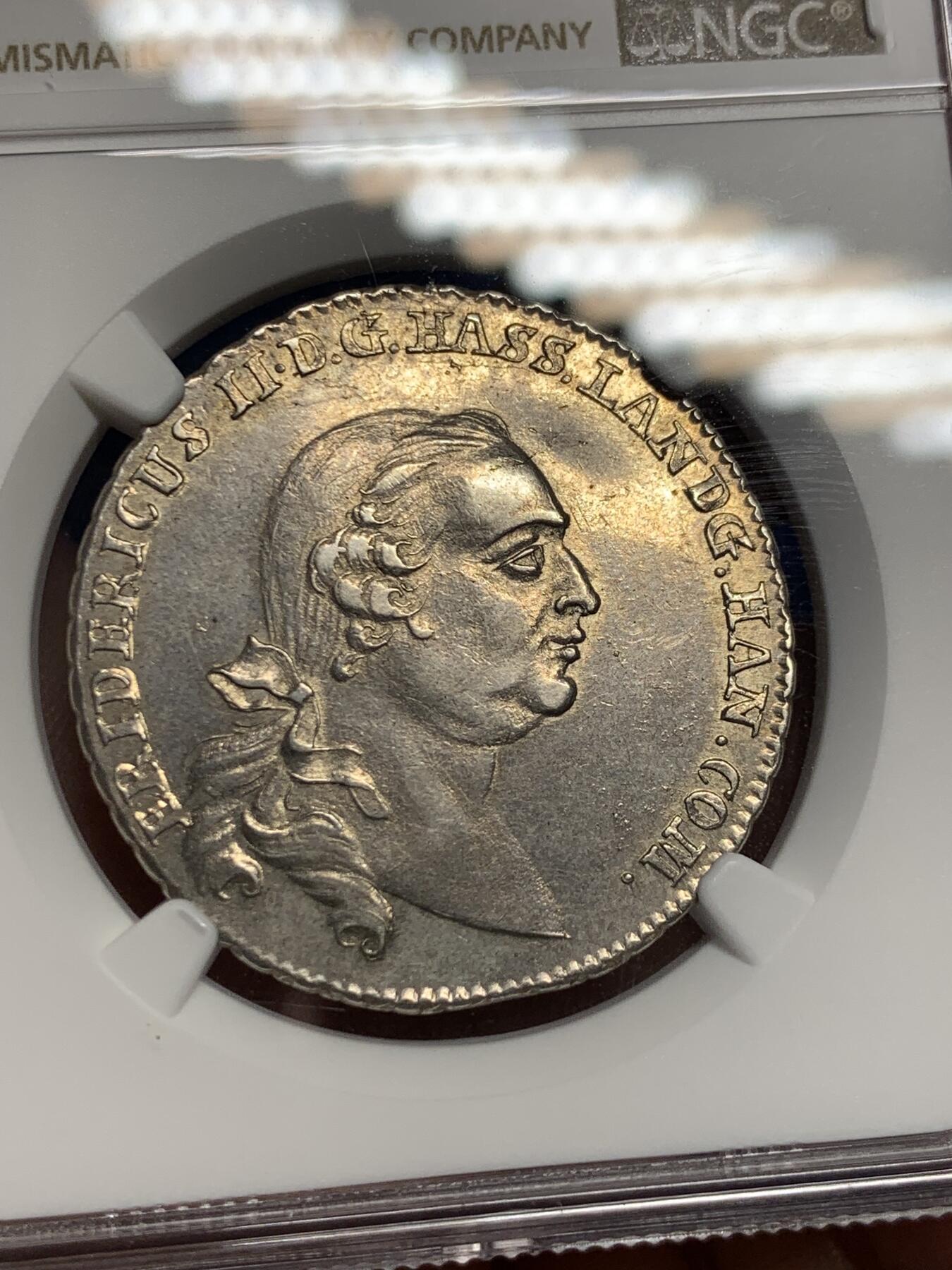 《竞宝斋》第294场- 周日，周一  2场连拍 （全场包邮） NGC AU55 德国 1767 黑森-卡塞尔伯爵领地 腓特烈二世 2/3泰勒银币 单年份最大面值