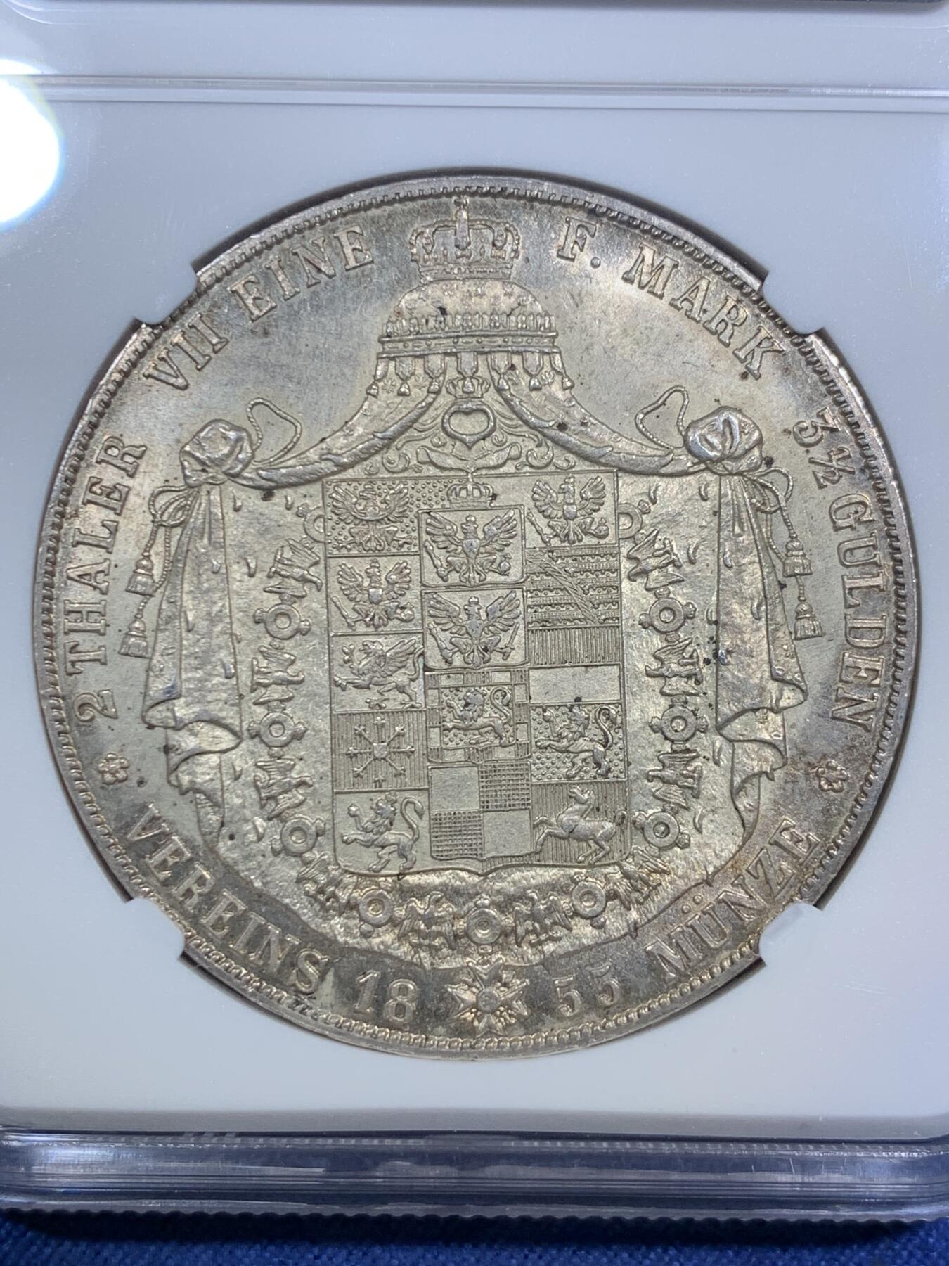 《竞宝斋》第294场- 周日，周一  2场连拍 （全场包邮） NGC MS63 德国1855年 普鲁士经典洋葱头2泰勒 37克大银币 绚丽十字光 缺点是低评！