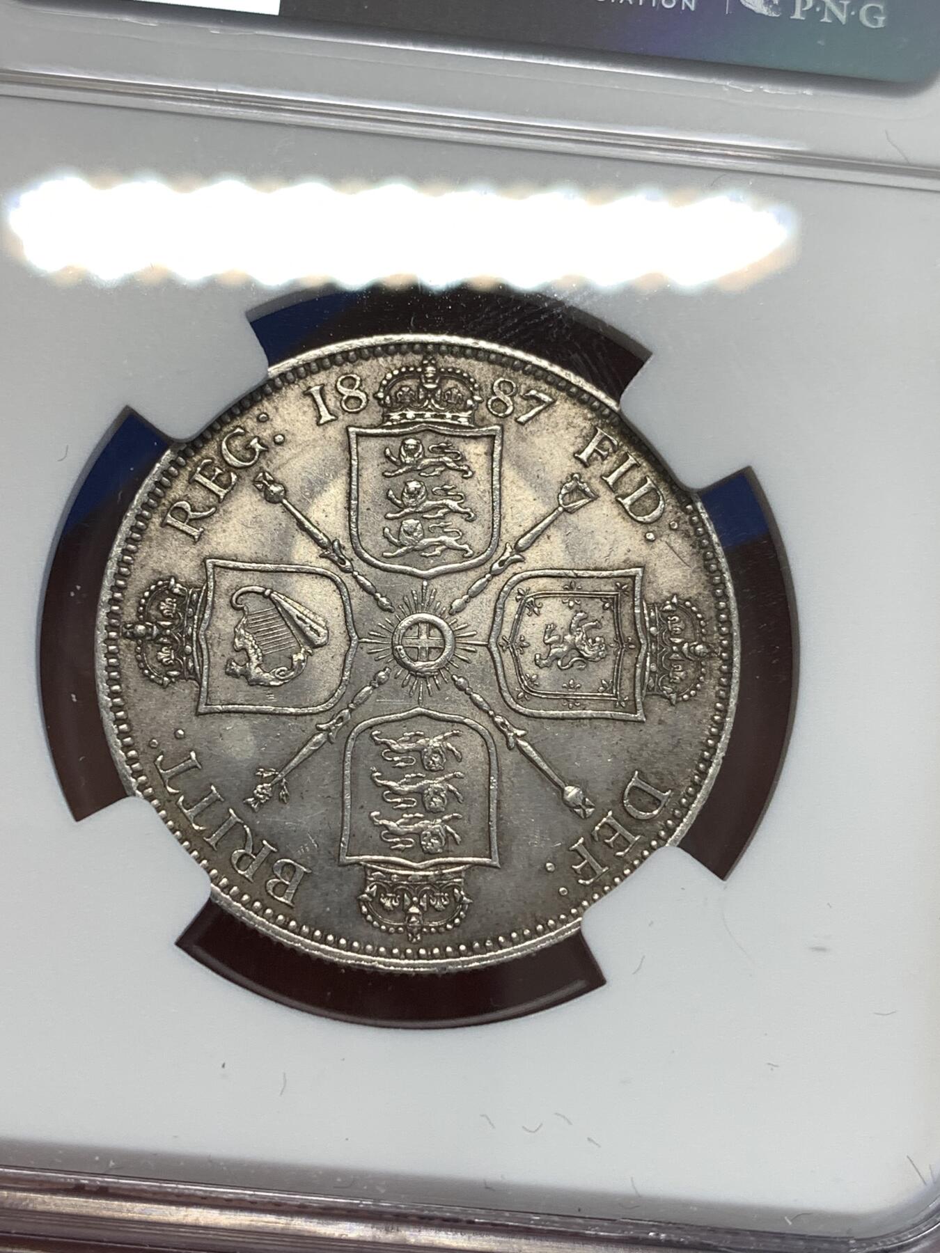 《竞宝斋》第294场- 周日，周一  2场连拍 （全场包邮） NGC UNC 英国1887年维多利亚女王1弗洛林 2先令银币