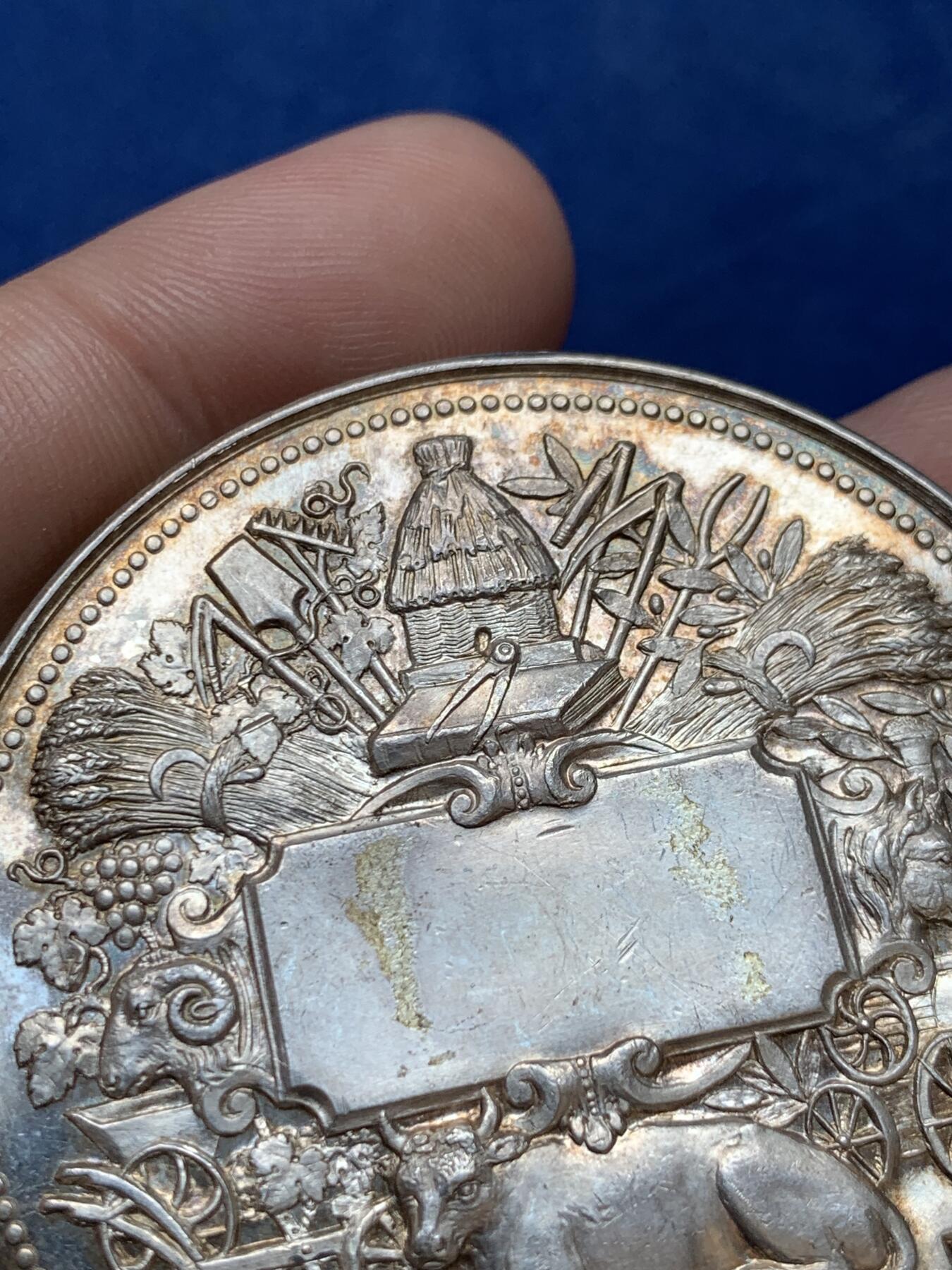 《竞宝斋》第294场- 周日，周一  2场连拍 （全场包邮） 19世纪末法兰西农业协会大银章 直径54mm 重量75克 设计雕刻很精美的一枚