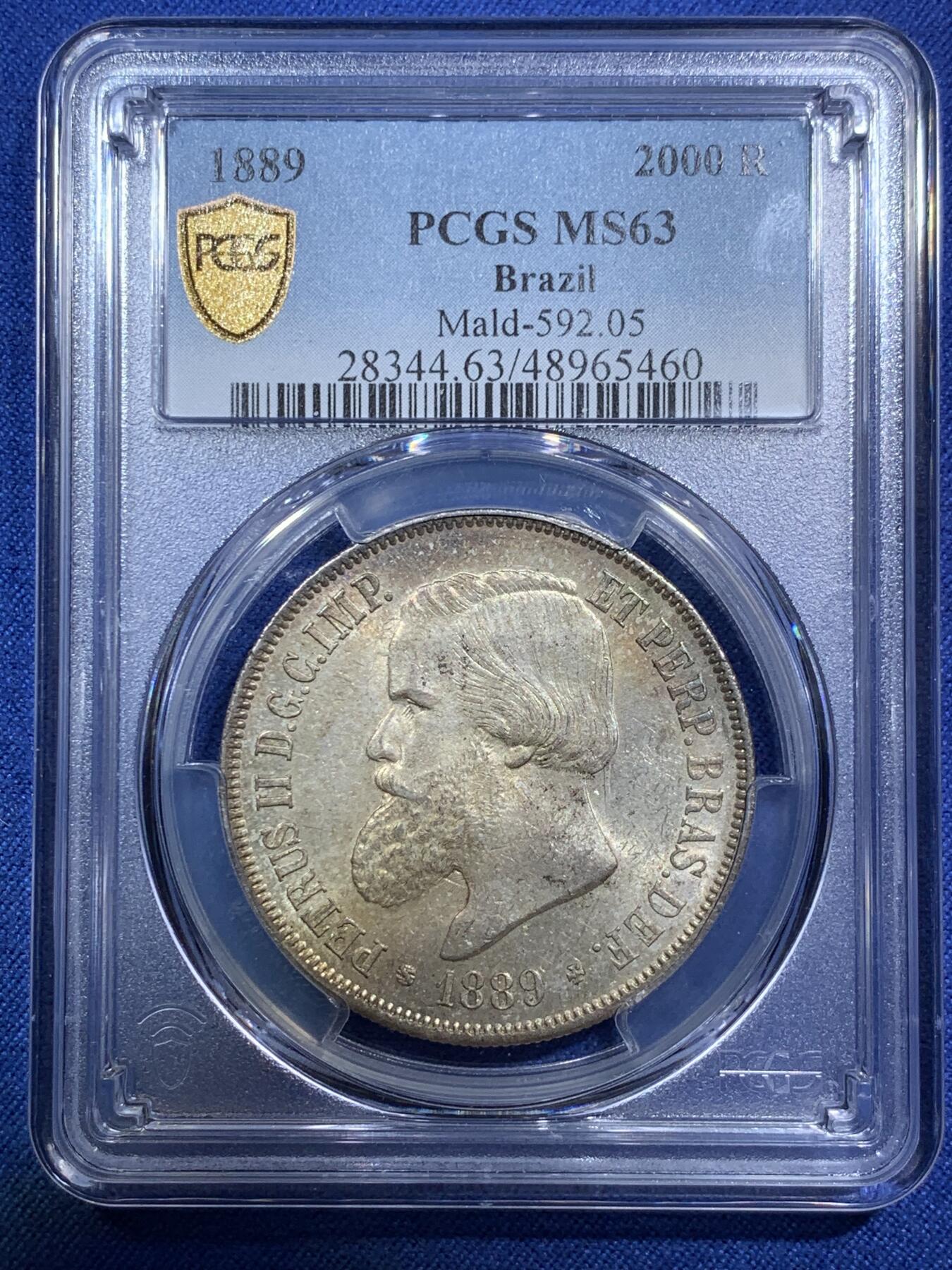 《竞宝斋》第294场- 周日，周一  2场连拍 （全场包邮） PCGS MS63 巴西帝国1889年佩德罗二世2000R大银币