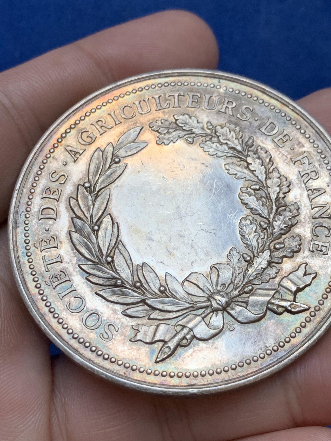 《竞宝斋》第294场- 周日，周一  2场连拍 （全场包邮） 19世纪末法兰西农业协会大银章 直径54mm 重量75克 设计雕刻很精美的一枚