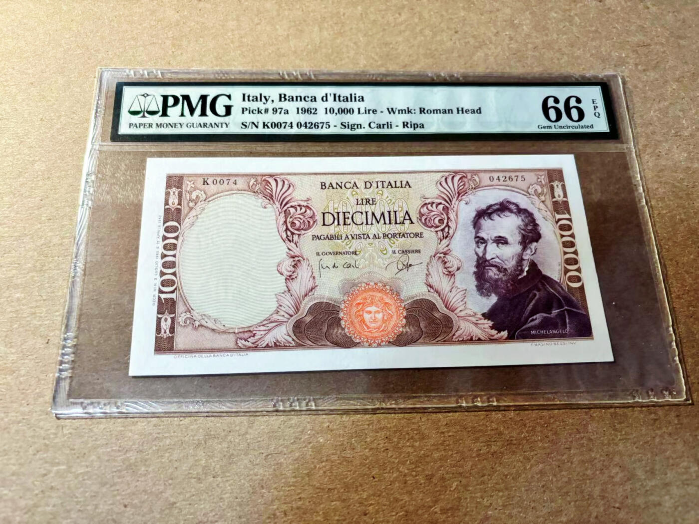 【Blue Auction】✨世界纸币精拍第520期【精】 【a版】意大利 1962年10000里拉  PMG66EPQ 米开朗基罗