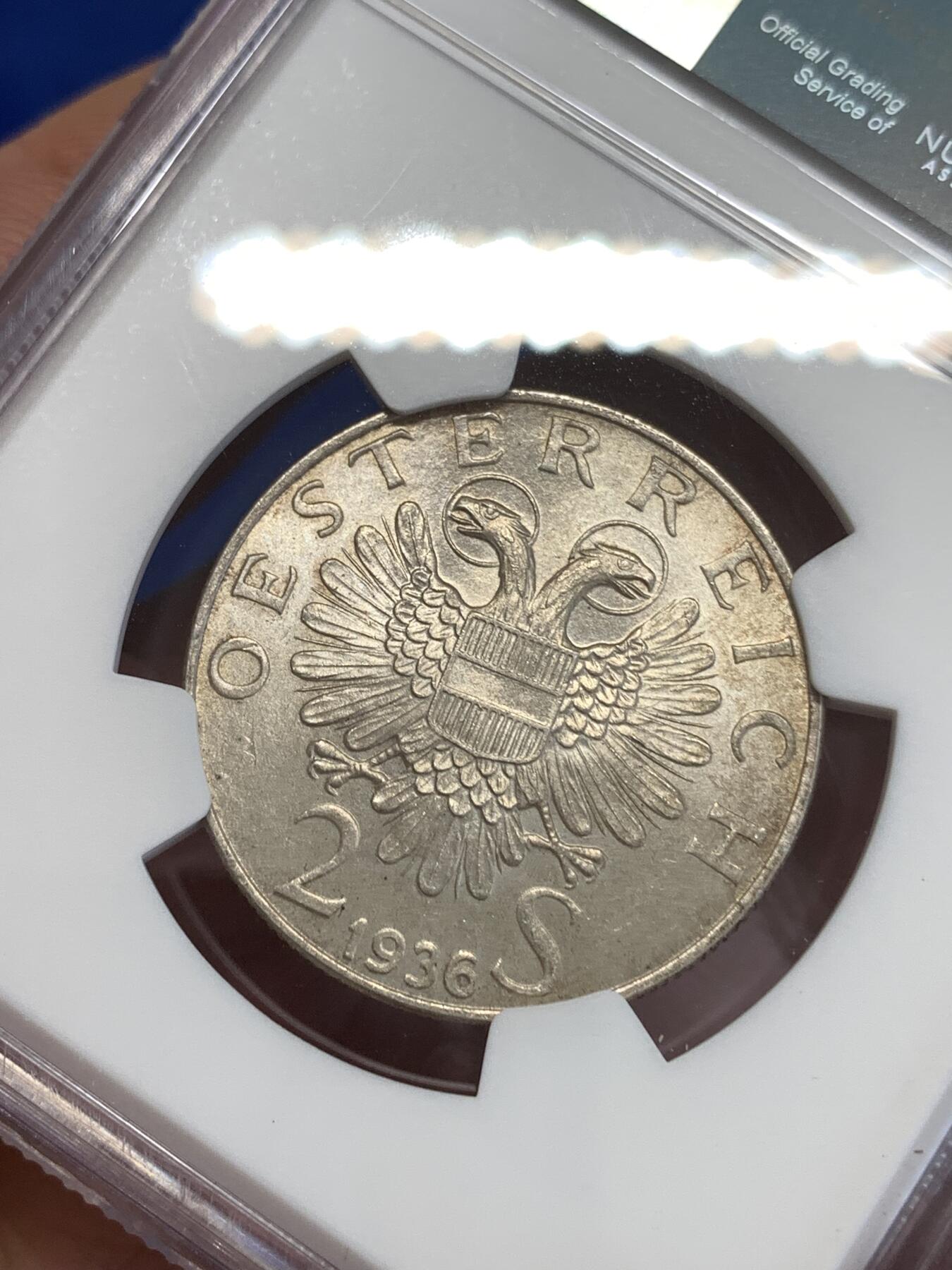 《竞宝斋》第294场- 周日，周一  2场连拍 （全场包邮） NGC MS64 奥地利 1936年 欧根亲王 2先令 银币