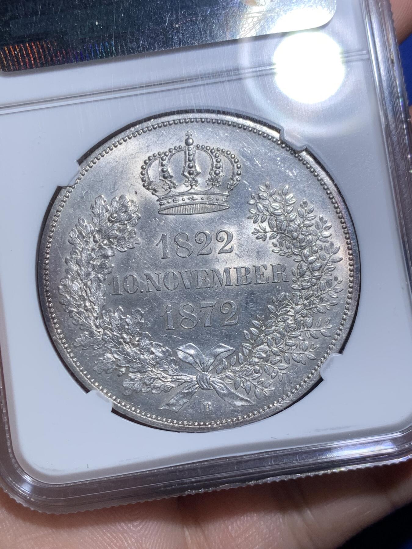 《竞宝斋》第294场- 周日，周一  2场连拍 （全场包邮） NGC MS61 1872年德国萨克森金婚纪念2泰勒 2泰勒的入门品种，MS品，适合德系入门