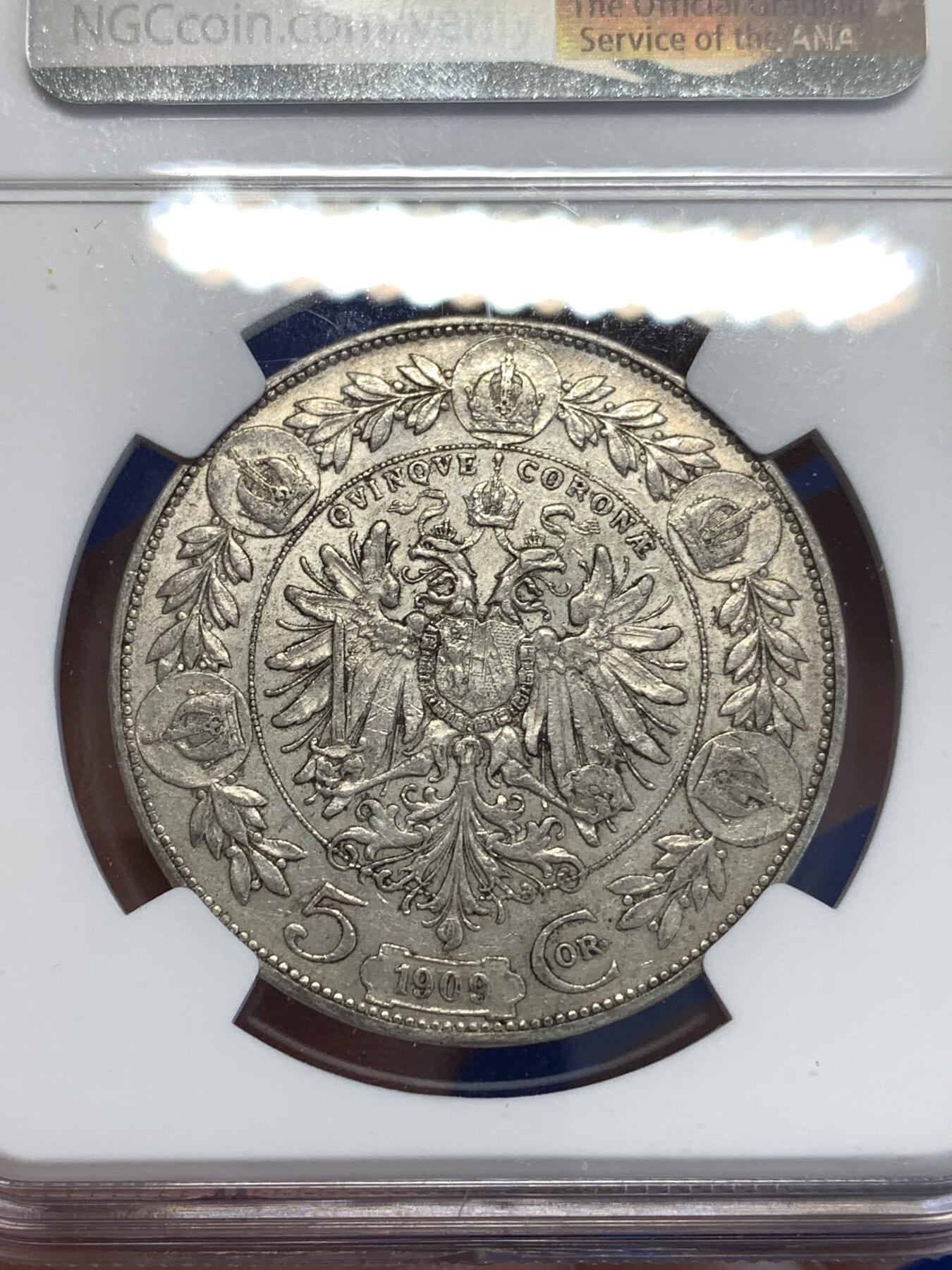 《竞宝斋》第294场- 周日，周一  2场连拍 （全场包邮） NGC AU53 奥地利1909年 费朗茨.约瑟夫一世 双头鹰 5克朗 银币