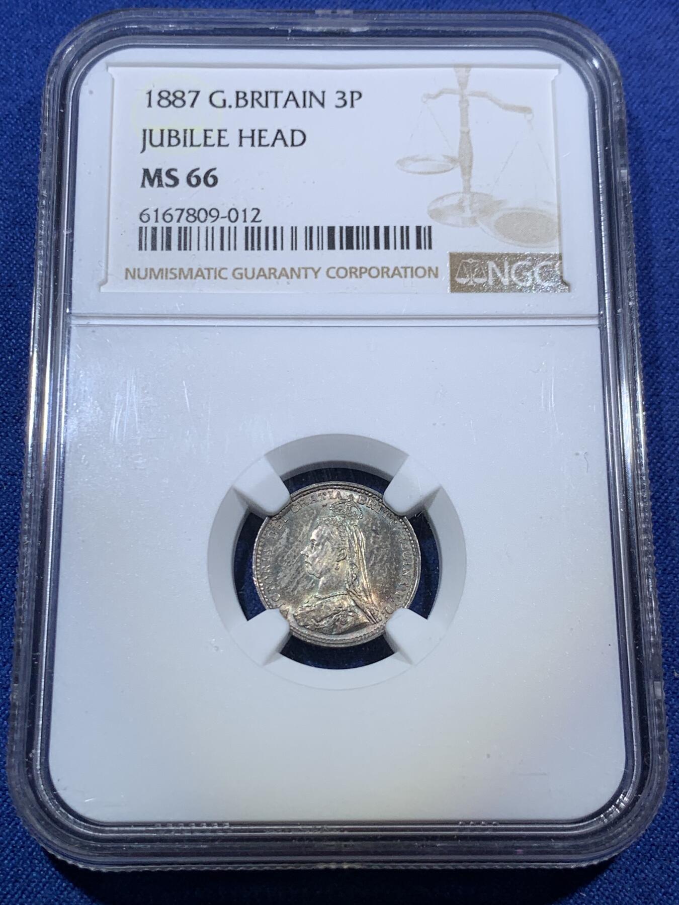 《竞宝斋》第294场- 周日，周一  2场连拍 （全场包邮） NGC MS66 英国1887年维多利亚高冠3便士银币 高分不易
