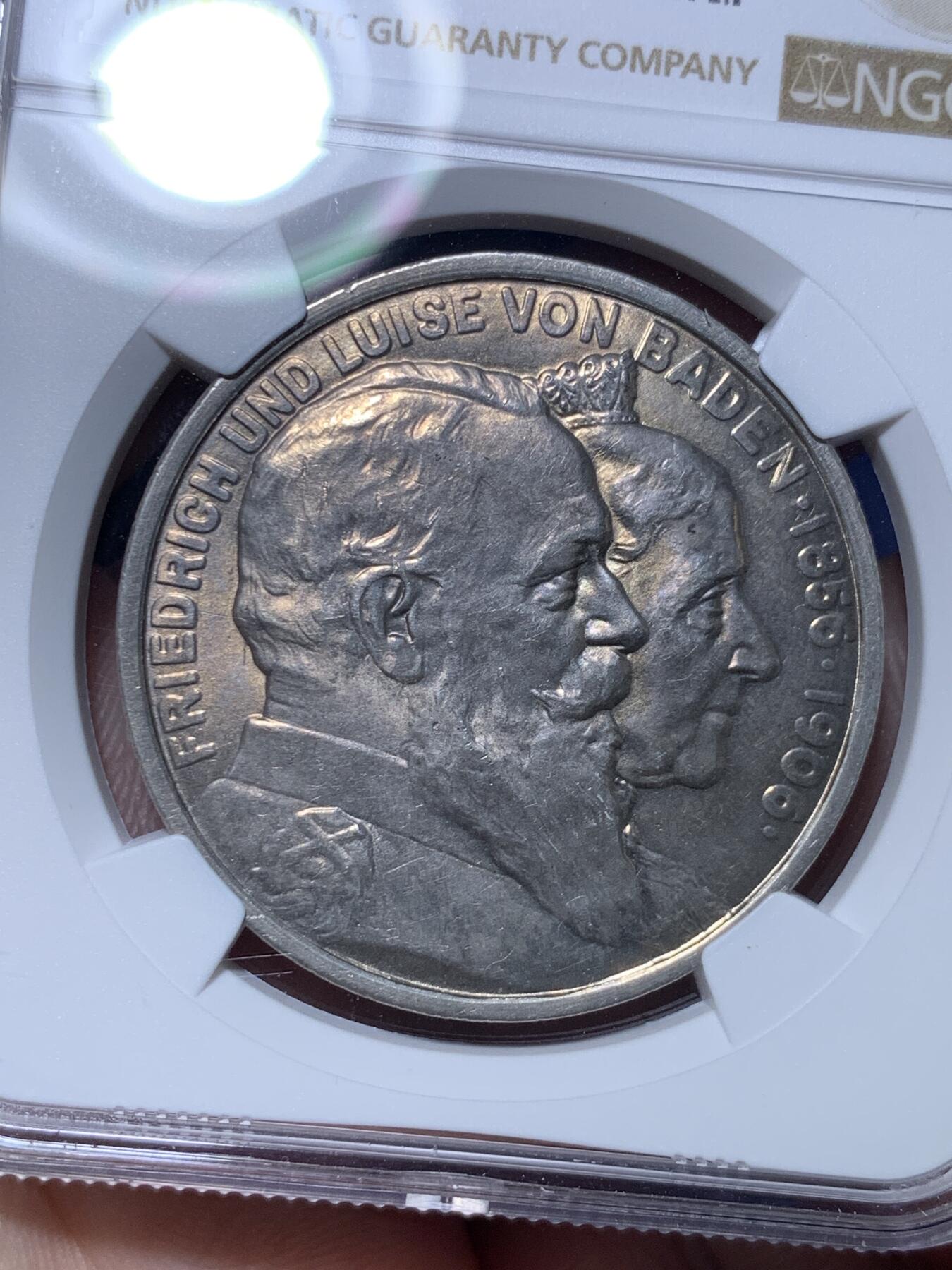 《竞宝斋》第294场- 周日，周一  2场连拍 （全场包邮） NGC MS63 德国1906巴登金婚5马克银币