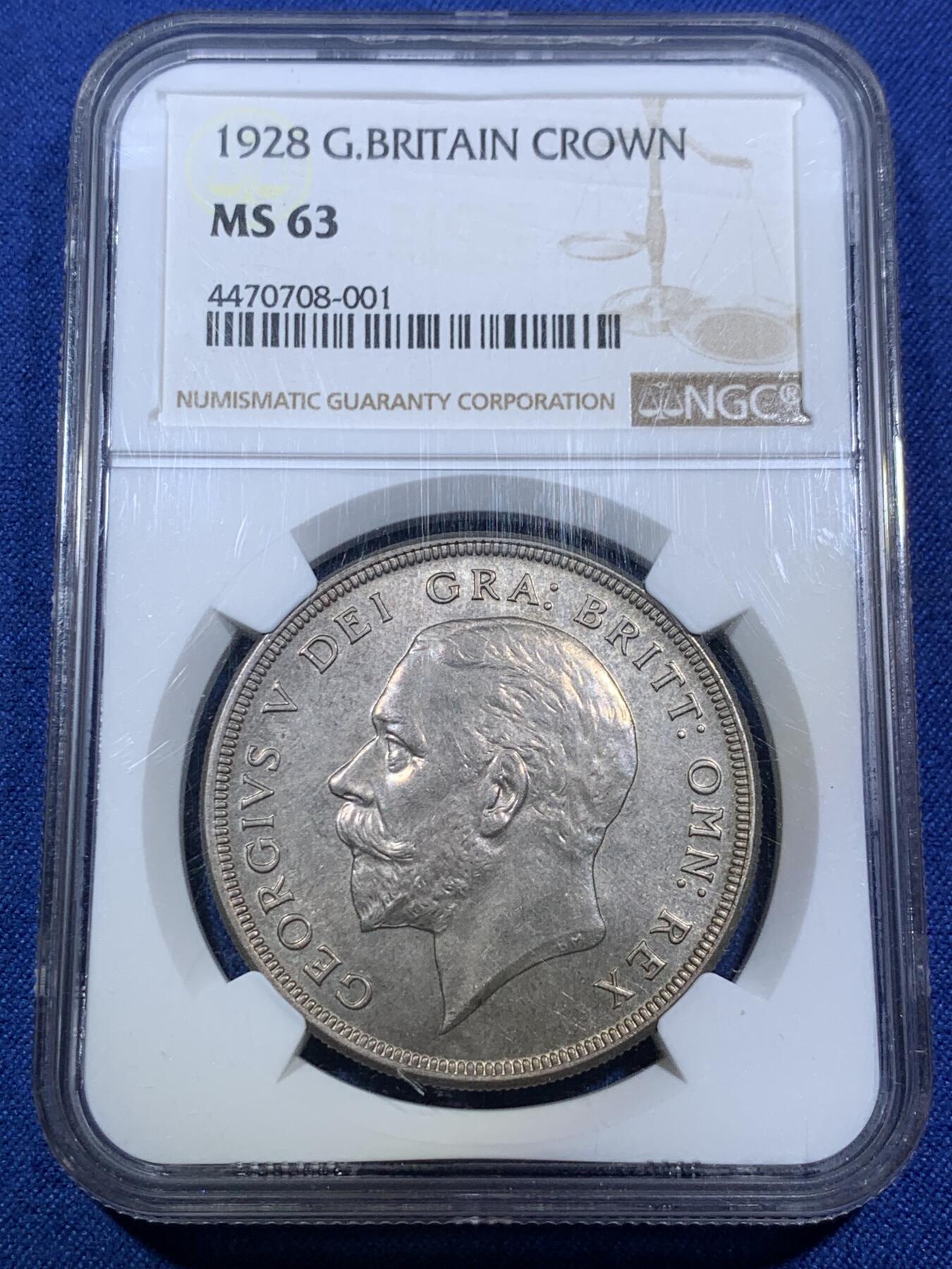 《竞宝斋》第294场- 周日，周一  2场连拍 （全场包邮） NGC MS63 英国1928年乔治五世花冠1克朗银币 发行9千多枚