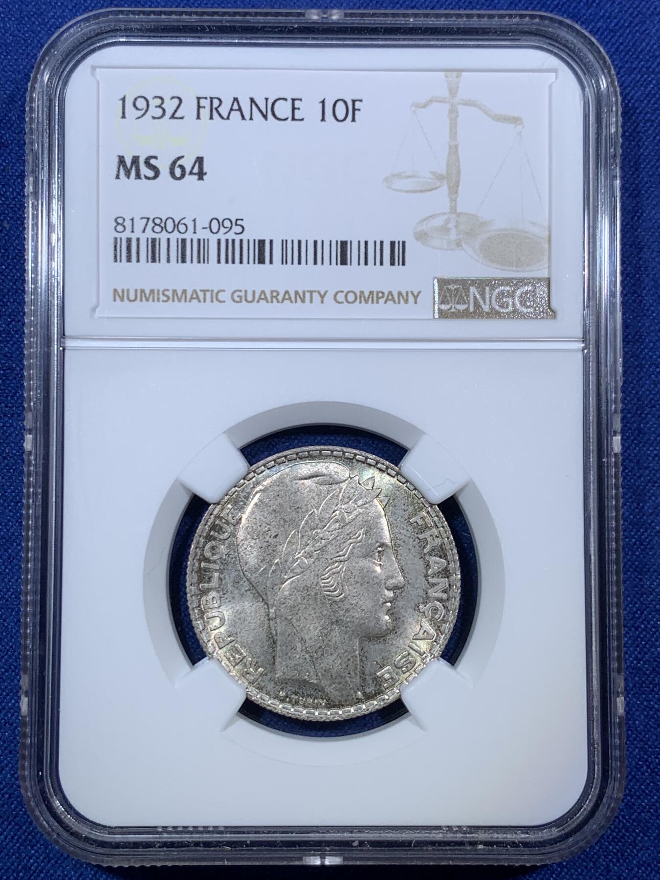 《竞宝斋》第294场- 周日，周一  2场连拍 （全场包邮） NGC MS64 法国1932年谷物女神10法郎银币