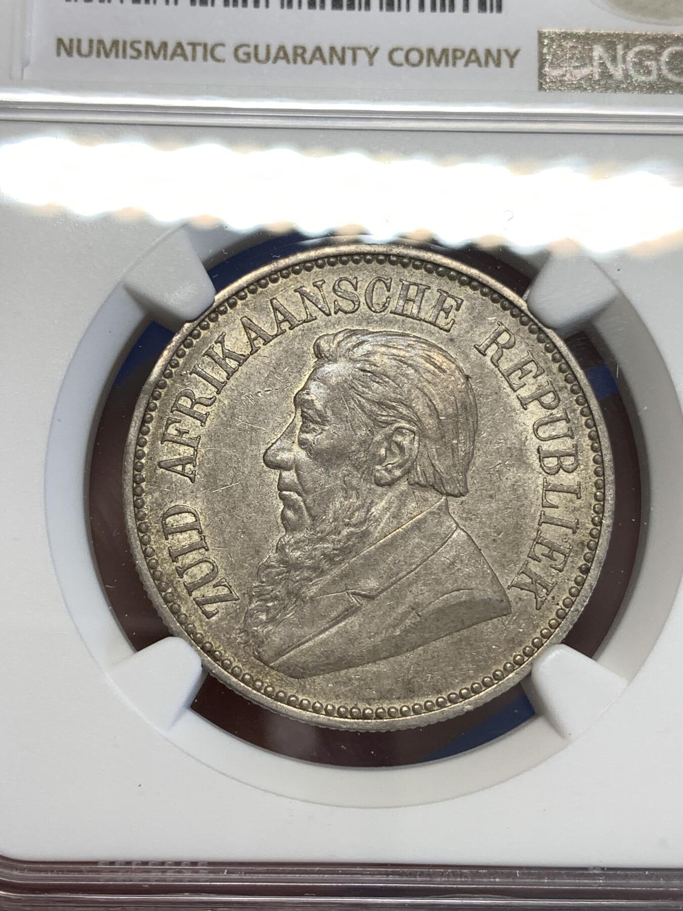 《竞宝斋》第294场- 周日，周一  2场连拍 （全场包邮） NGC AU55 南非1897斯瓦士兰2.5先令 大胡子经典设计，包浆好看凝霜感强