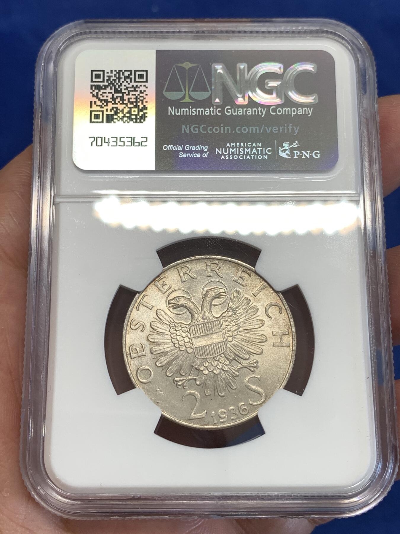 《竞宝斋》第294场- 周日，周一  2场连拍 （全场包邮） NGC MS64 奥地利 1936年 欧根亲王 2先令 银币