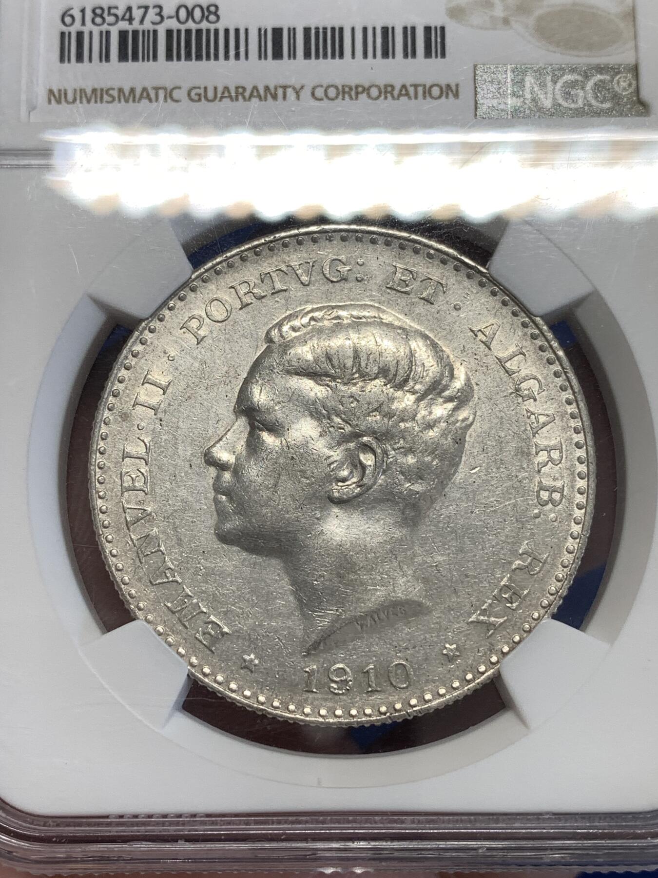 《竞宝斋》第294场- 周日，周一  2场连拍 （全场包邮） NGC AU53 葡萄牙 1910年 半岛百年战争纪念 1000R大银币 非常稀少的品种