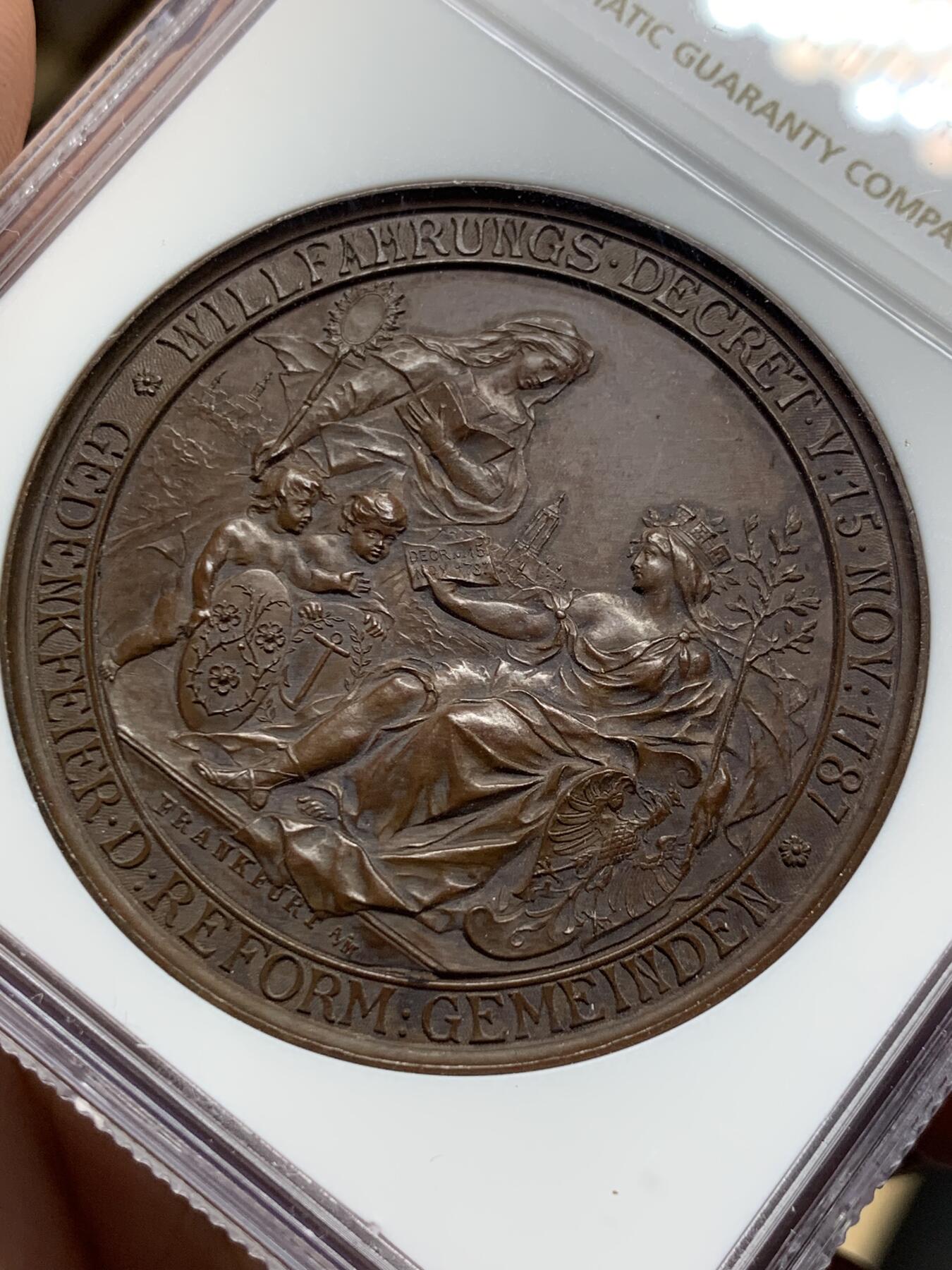 《竞宝斋》第294场- 周日，周一  2场连拍 （全场包邮） NGC MS62 德国 1887年法兰克福 改革百年纪念 铜章 双面精细制作 希见品种