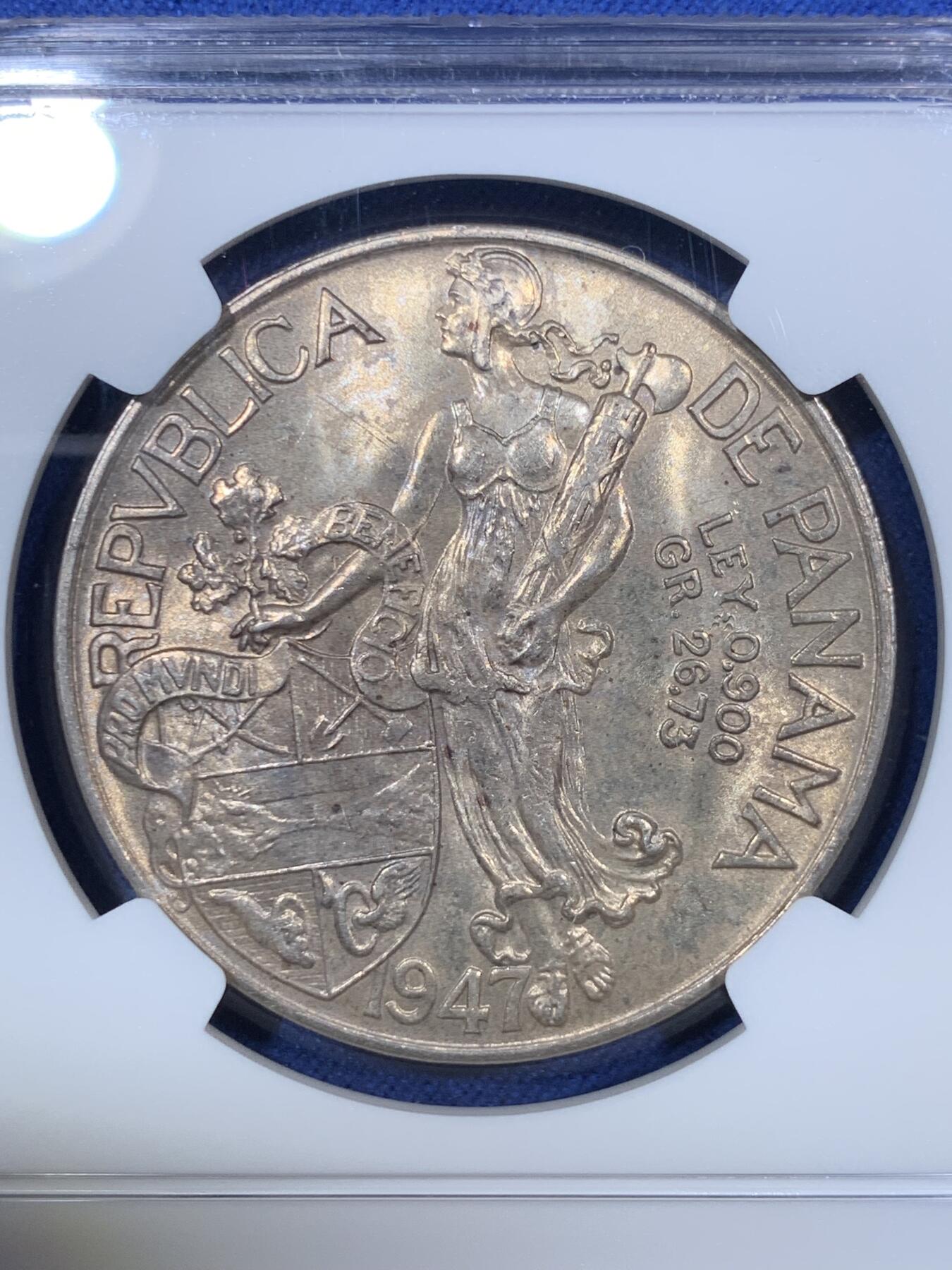 《竞宝斋》第294场- 周日，周一  2场连拍 （全场包邮） NGC MS63 巴拿马1947年巴尔博亚大银币 转光丝滑 极美金色包浆