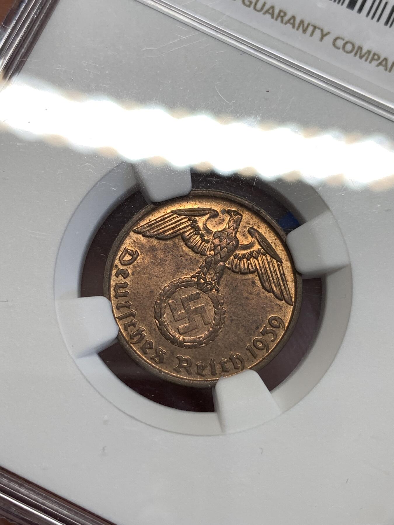 《竞宝斋》第294场- 周日，周一  2场连拍 （全场包邮） NGC MS63RB 1939B德意志第三帝国2芬尼铜币