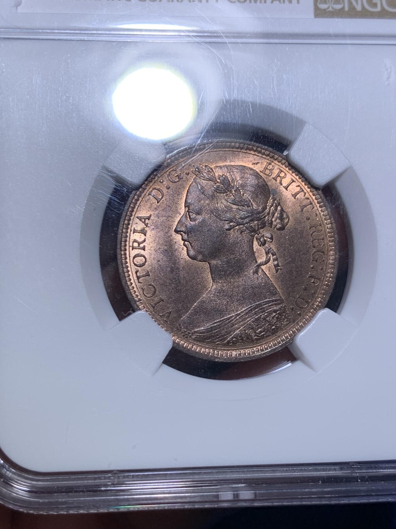 《竞宝斋》第294场- 周日，周一  2场连拍 （全场包邮） NGC MS65RB 英国1887年小维1/2便士铜币 状态很好 不错的的分数