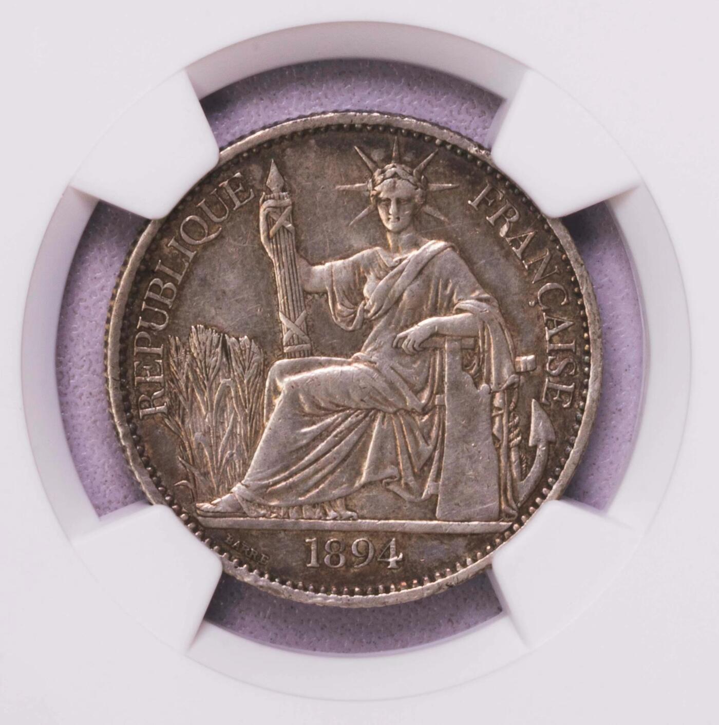 NGC-AU58 1894印支坐洋50分银币老包浆