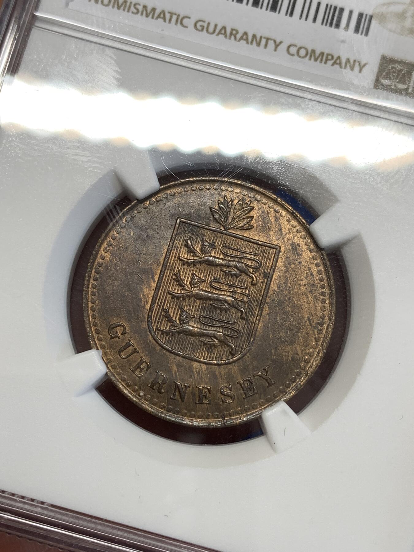 《竞宝斋》第294场- 周日，周一  2场连拍 （全场包邮） NGC MS63BN 1920H 格恩西/根西 4道布大铜币 国徽面细节极为清晰 两面转光 百年老币 好品极为不易