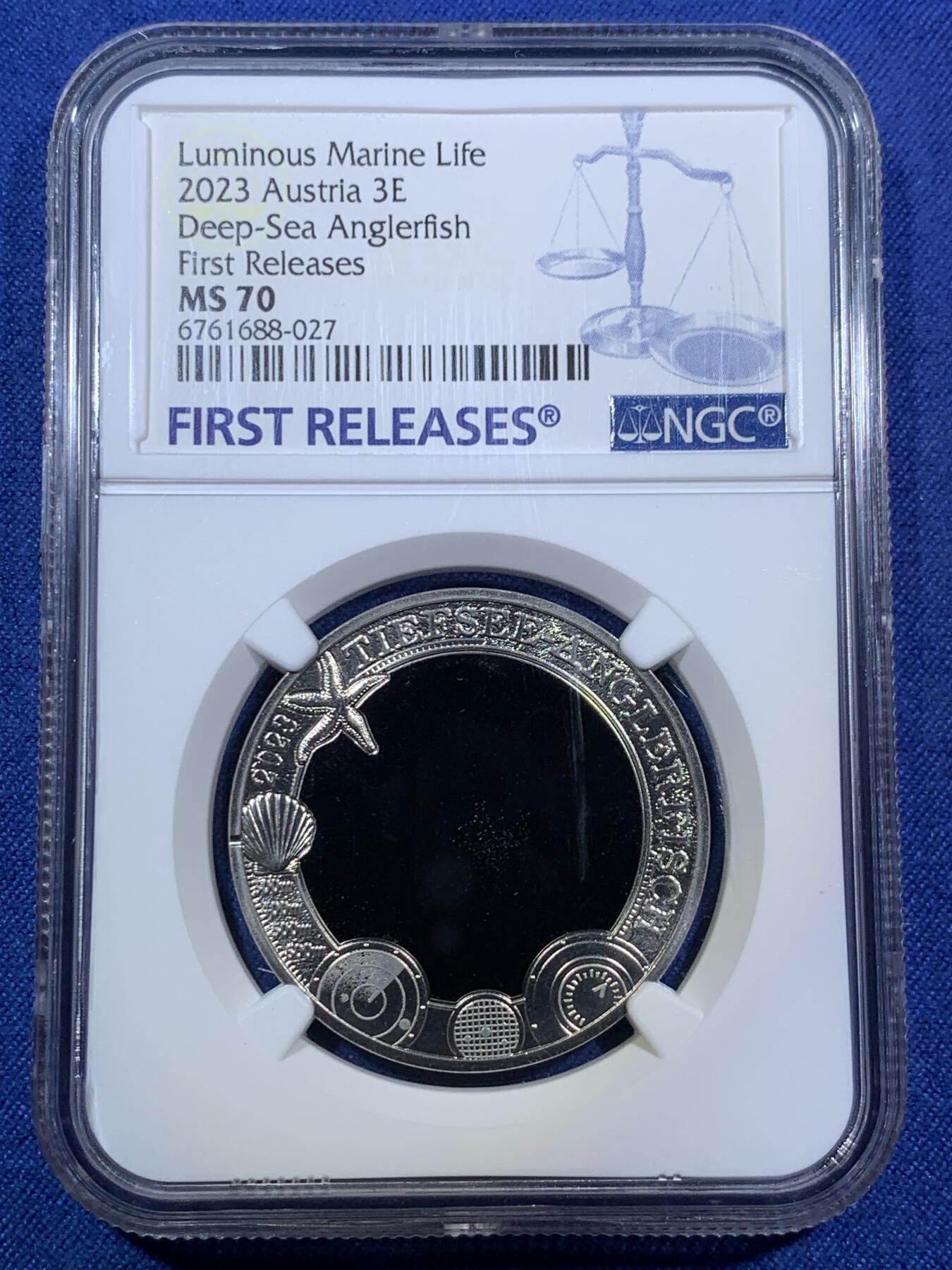 《竞宝斋》第294场- 周日，周一  2场连拍 （全场包邮） NGC MS70 奥地利2023年海洋生物系列4深海鮟鱇鱼3欧元铜镍币 蓝标首期