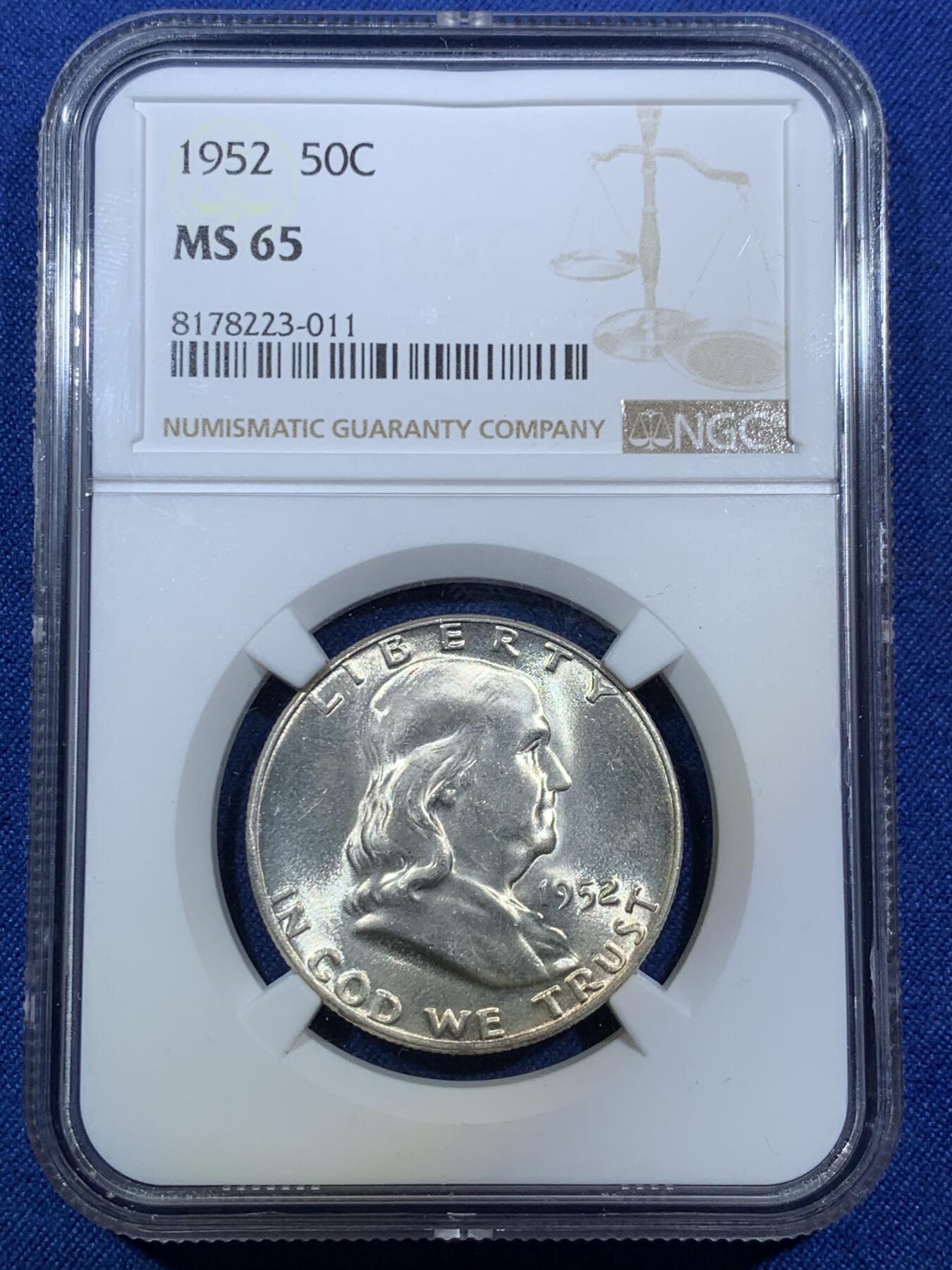 《竞宝斋》第294场- 周日，周一  2场连拍 （全场包邮） NGC MS65 美国1952年富兰克林半美元银币