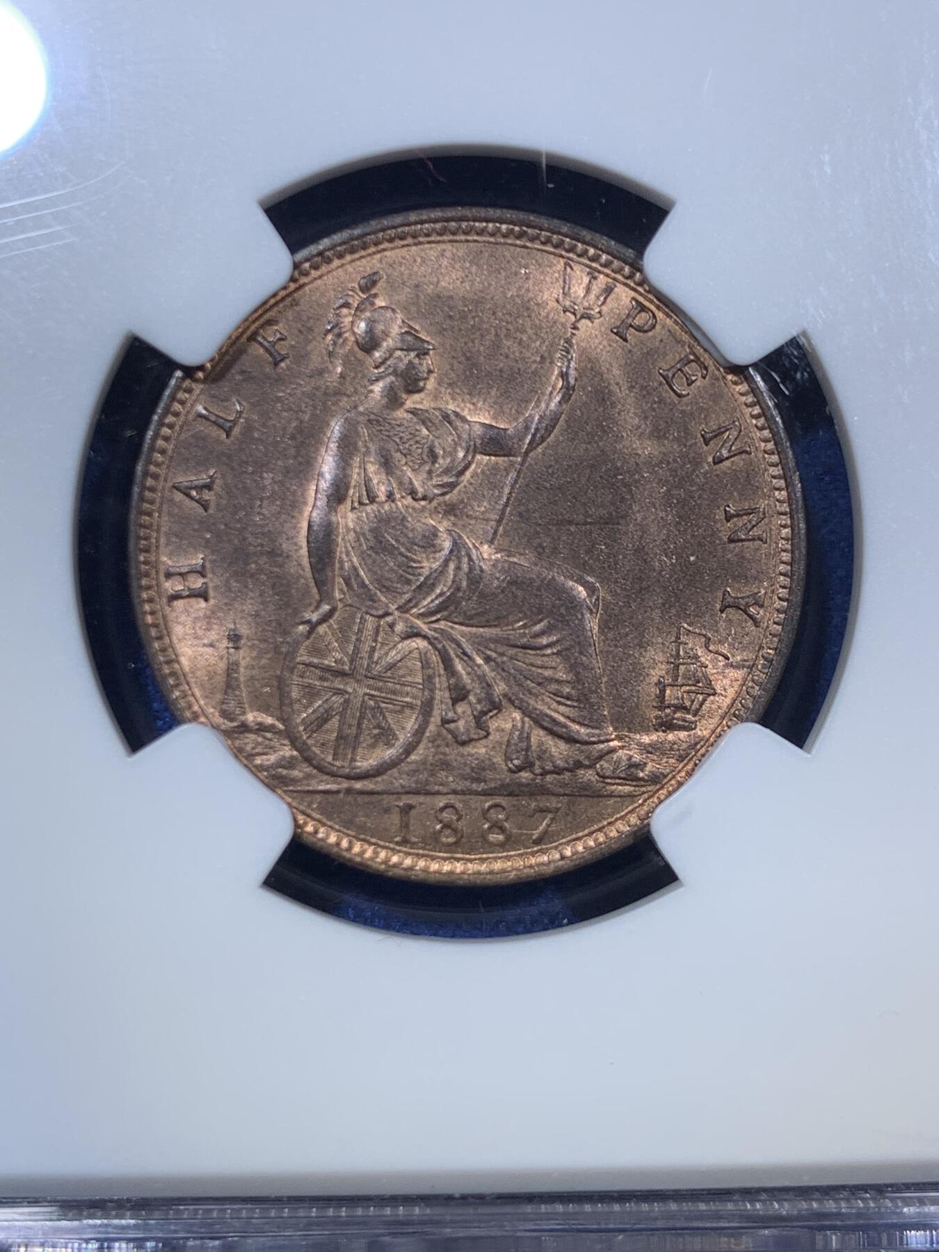 《竞宝斋》第294场- 周日，周一  2场连拍 （全场包邮） NGC MS65RB 英国1887年小维1/2便士铜币 状态很好 不错的的分数