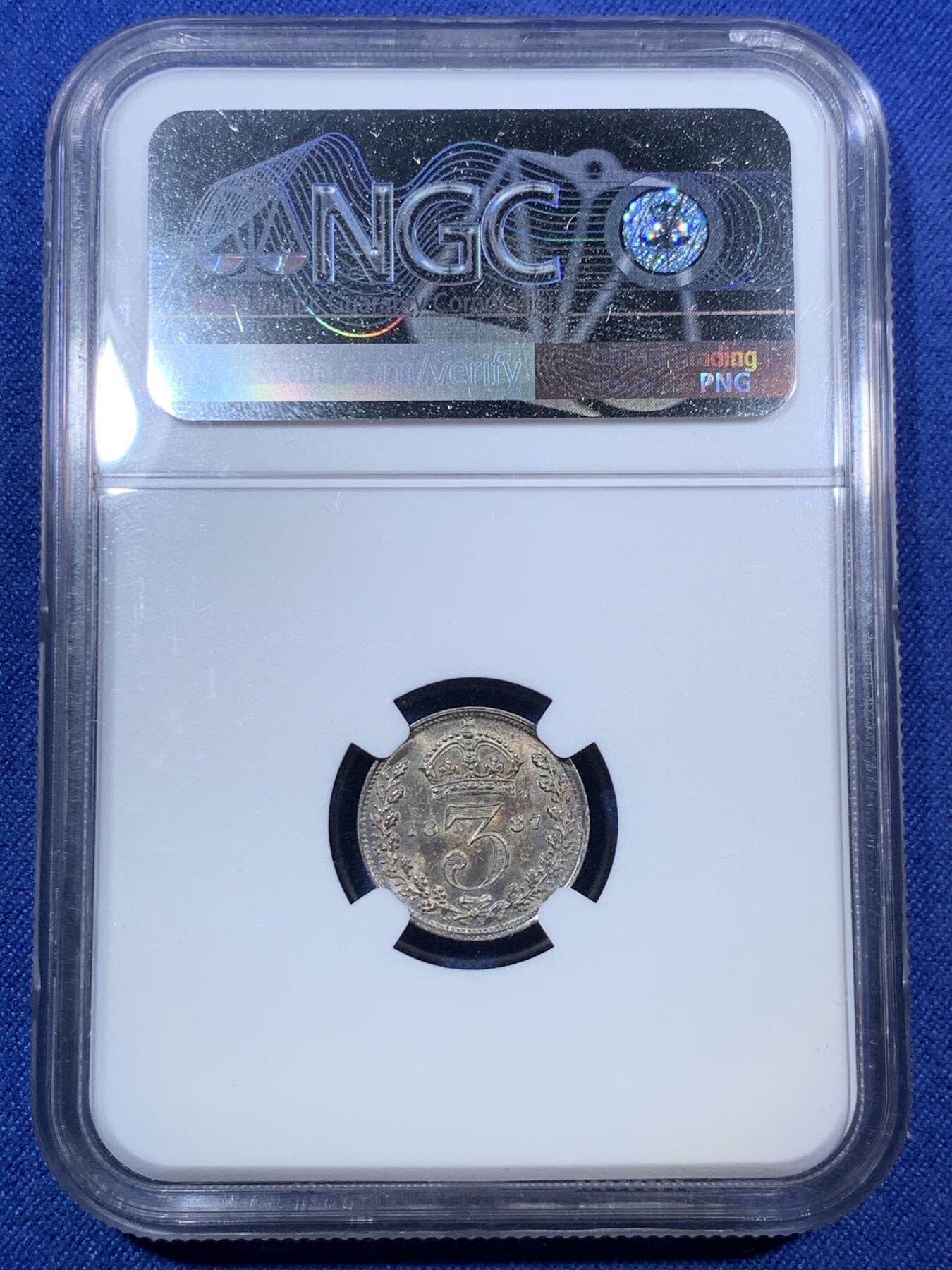 《竞宝斋》第294场- 周日，周一  2场连拍 （全场包邮） NGC MS66 英国1887年维多利亚高冠3便士银币 高分不易