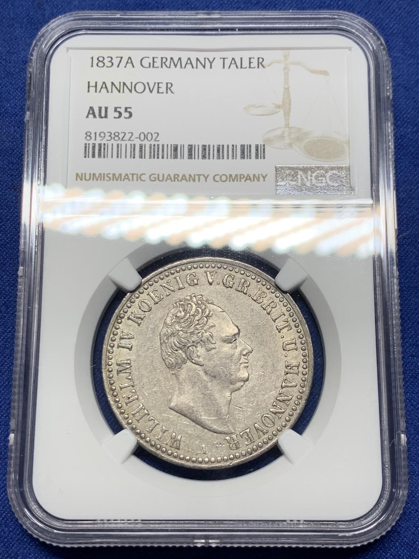 《竞宝斋》第294场- 周日，周一  2场连拍 （全场包邮） NGC AU55 德国汉诺威1837年威廉四世1泰勒 银币  汉诺威王朝 英国国王兼汉诺威国王